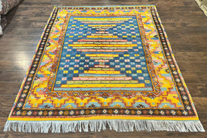 Colorful Moroccan Rug 7x8, Abstract Design, Wool Multicolor Handmade Vintage Carpet, Tribal Rug, Berber Rug