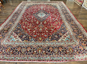 Persian Kashan Rug 10x14, Wool Hand Knotted Vintage Carpet, Red & Navy Blue Floral Allover Rug, Traditional Oriental Rug 10 x 14, Semi Antique