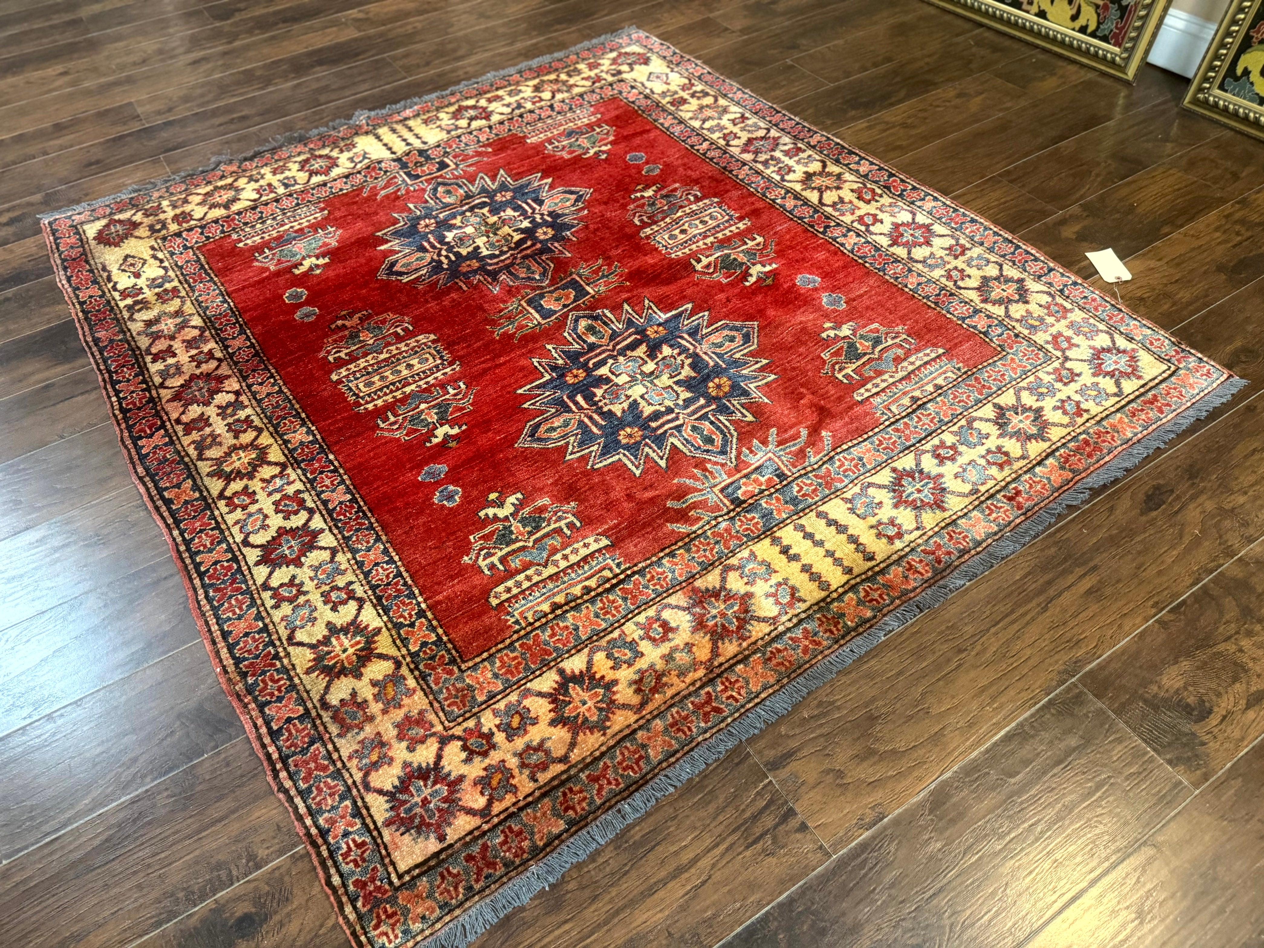 Square Turkish Rug 6x6, Azerbaijani Azeri Turkish Armenian Rug, Red Tan Blue, Geometric, Wool Carpet - Jewel Rugs