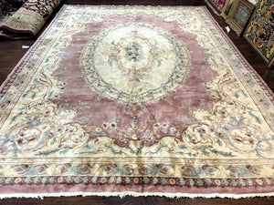 Indo Chinese Aubusson Wool Rug 10x14, Pink and Cream, Handmade Vintage Wool Carpet, Elegant European Design