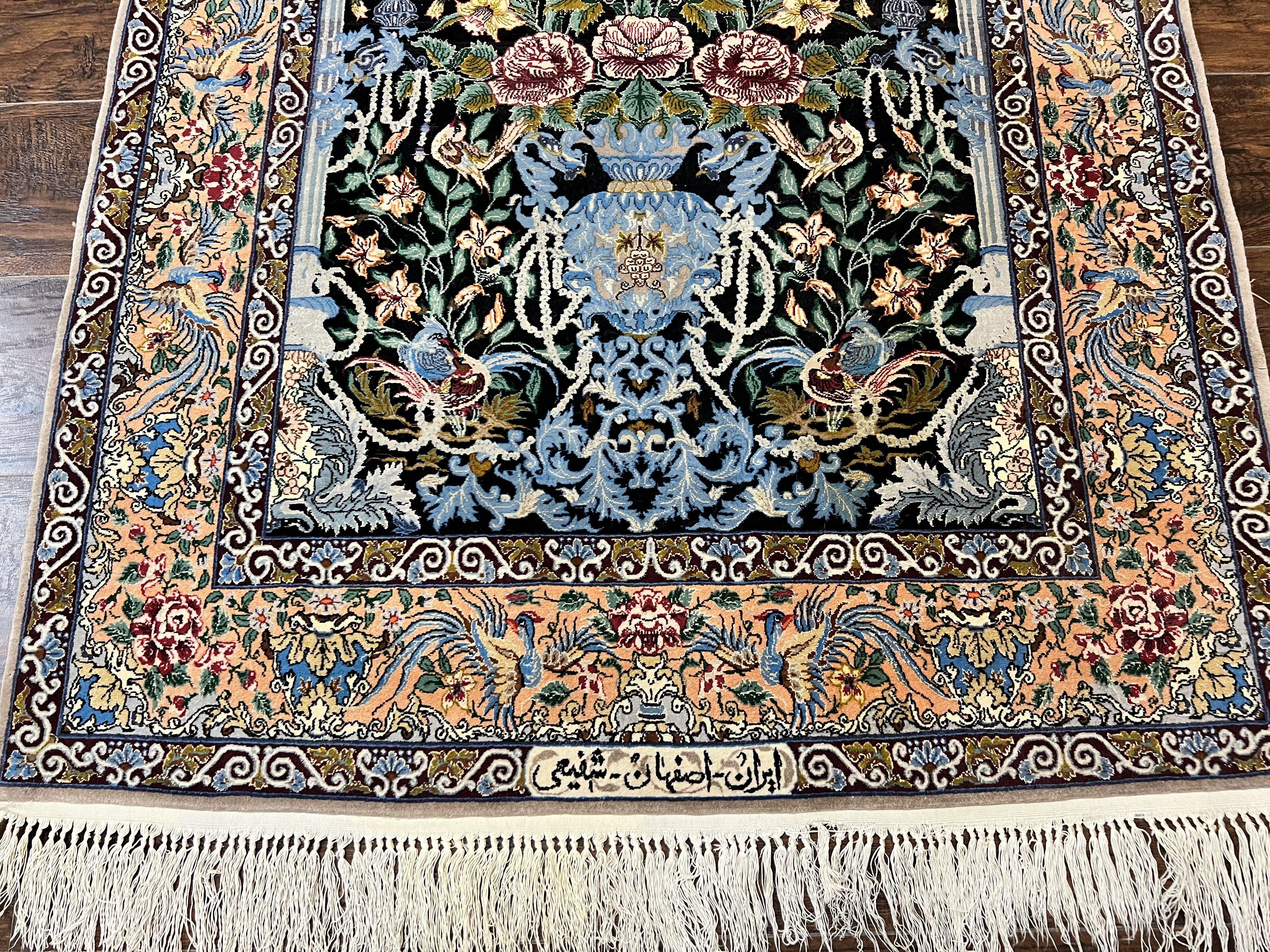 Wonderful Persian Isfahan Rug 3.7 x 5, Kork Wool on Silk Foundation, Very Fine 460 KPSI, Tree of Life Persian Vase Design Animal Pictorials Peacocks - Jewel Rugs