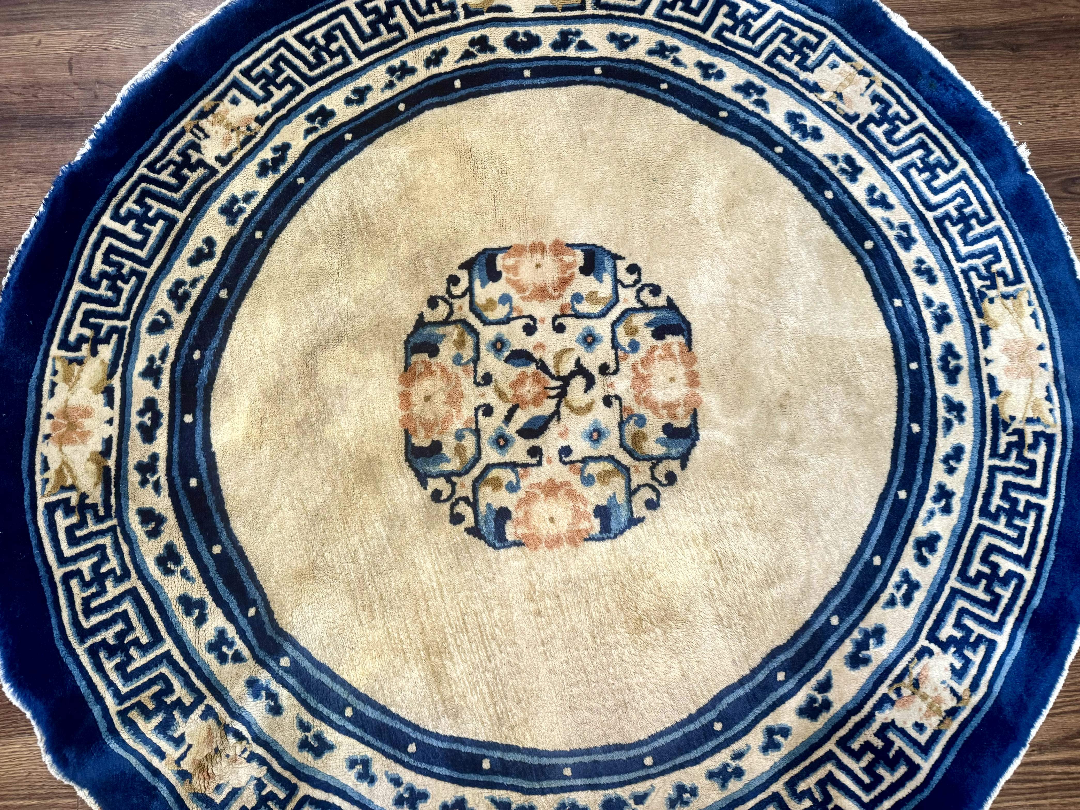 Round Antique Chinese Peking Rug 4x4, Cream and Blue, Wool - Jewel Rugs