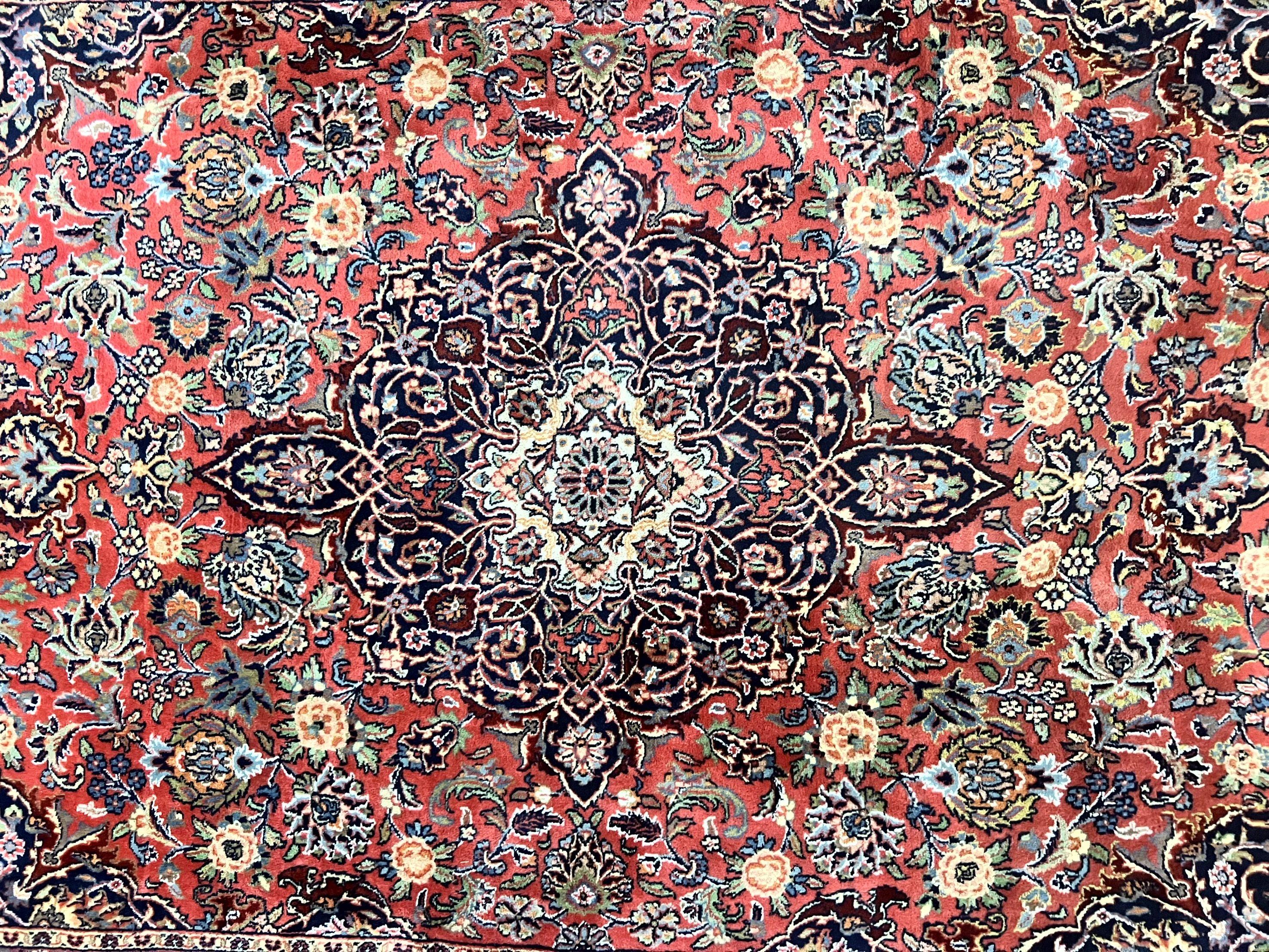 Persian Kashan Rug 6x9, Red and Dark Blue, Handmade Vintage Wool Carpet, Floral Medallion - Jewel Rugs