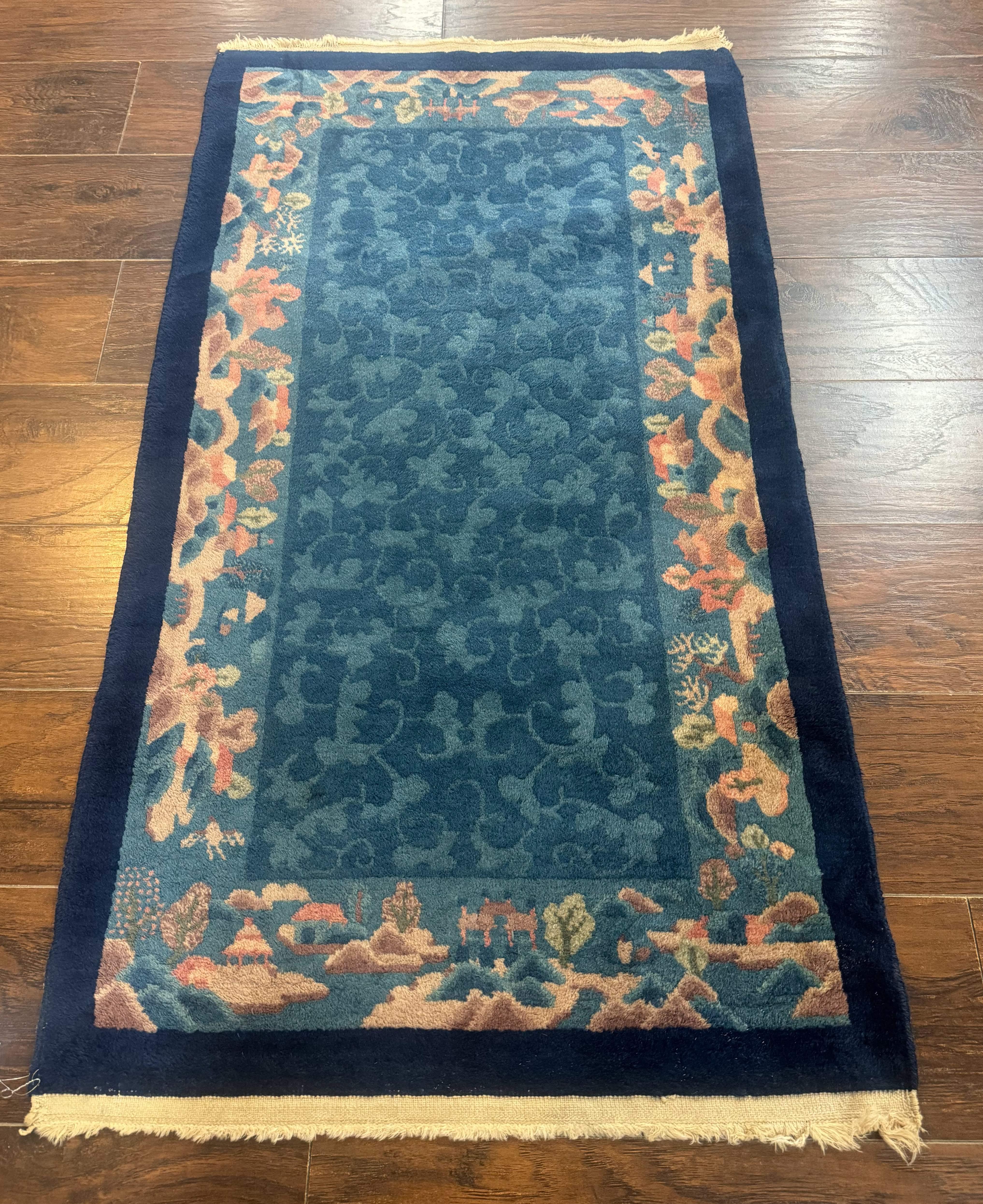 Blue Chinese Wool Rug 2.5 x 4, Peking Rug, Fete Rug, Semi Antique Chinese Carpet - Jewel Rugs