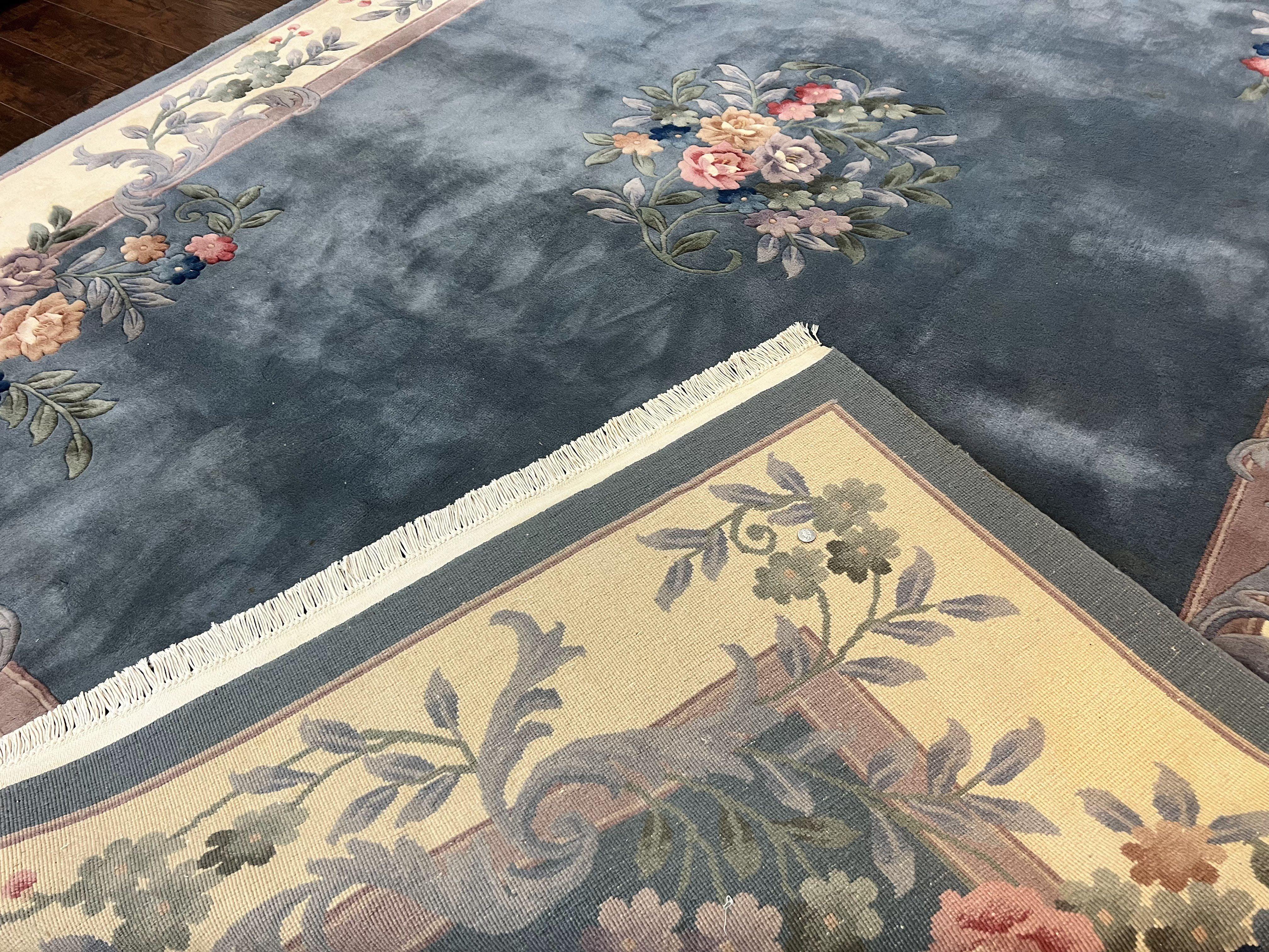 Chinese Wool Rug 10x13, Art Deco Carpet, Chinese Oriental 90 Line Carving Rug 10 x 13, Steel Blue and Cream, Soft, Handmade Vintage Rug - Jewel Rugs