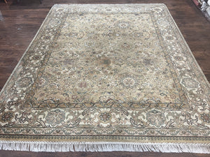 Indo Mahal Rug 8x10, Indian Jaipur Rug 8 x 10 ft, Wool Indo Persian Carpet, Handmade Traditional Floral Area Rug, Olive Green, Vintage Rug