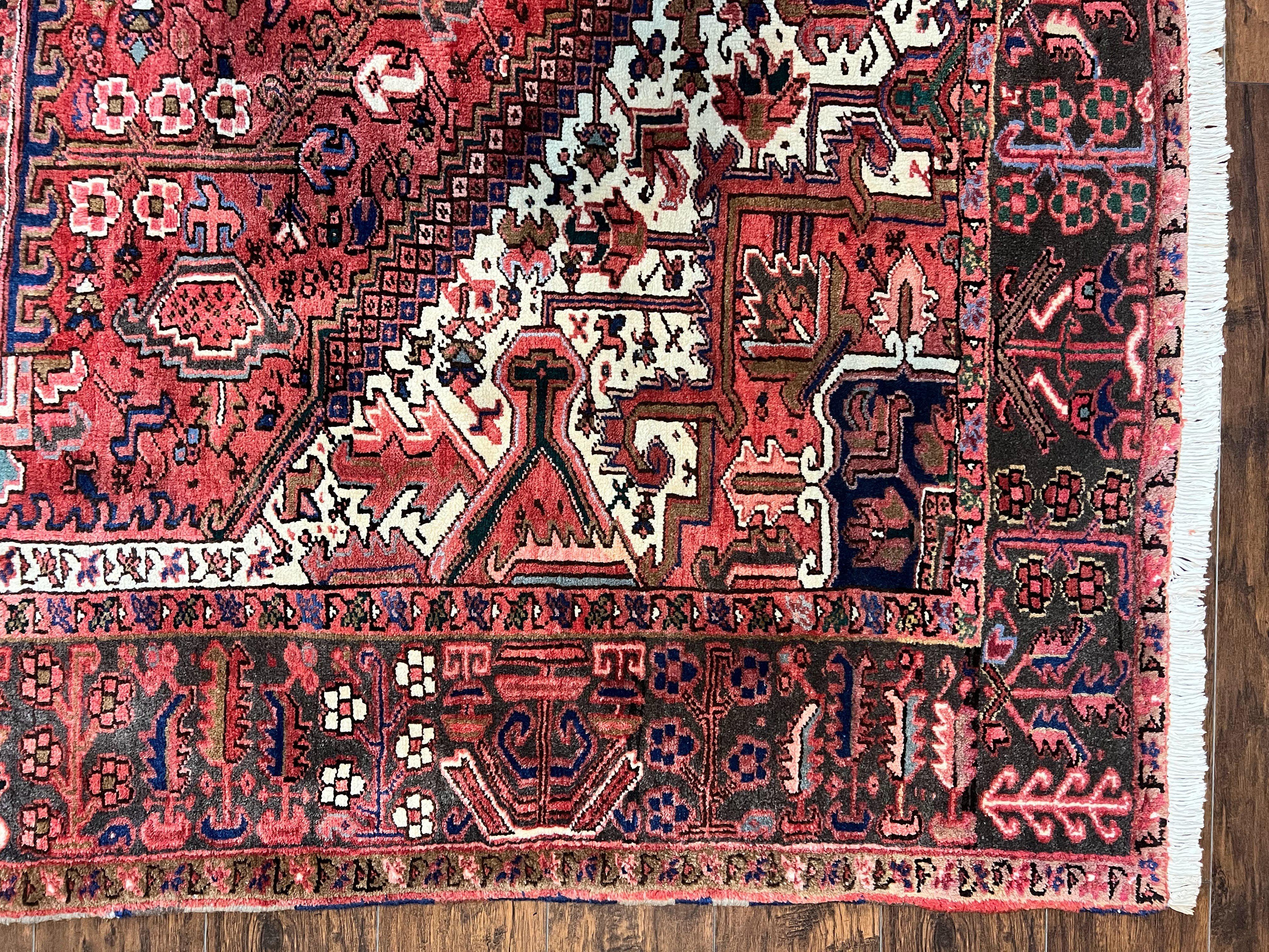 Persian Heriz Rug 10x13, Wool Hand Knotted Antique Carpet, Red Ivory, Geometric Rug 10 x 13 - Jewel Rugs