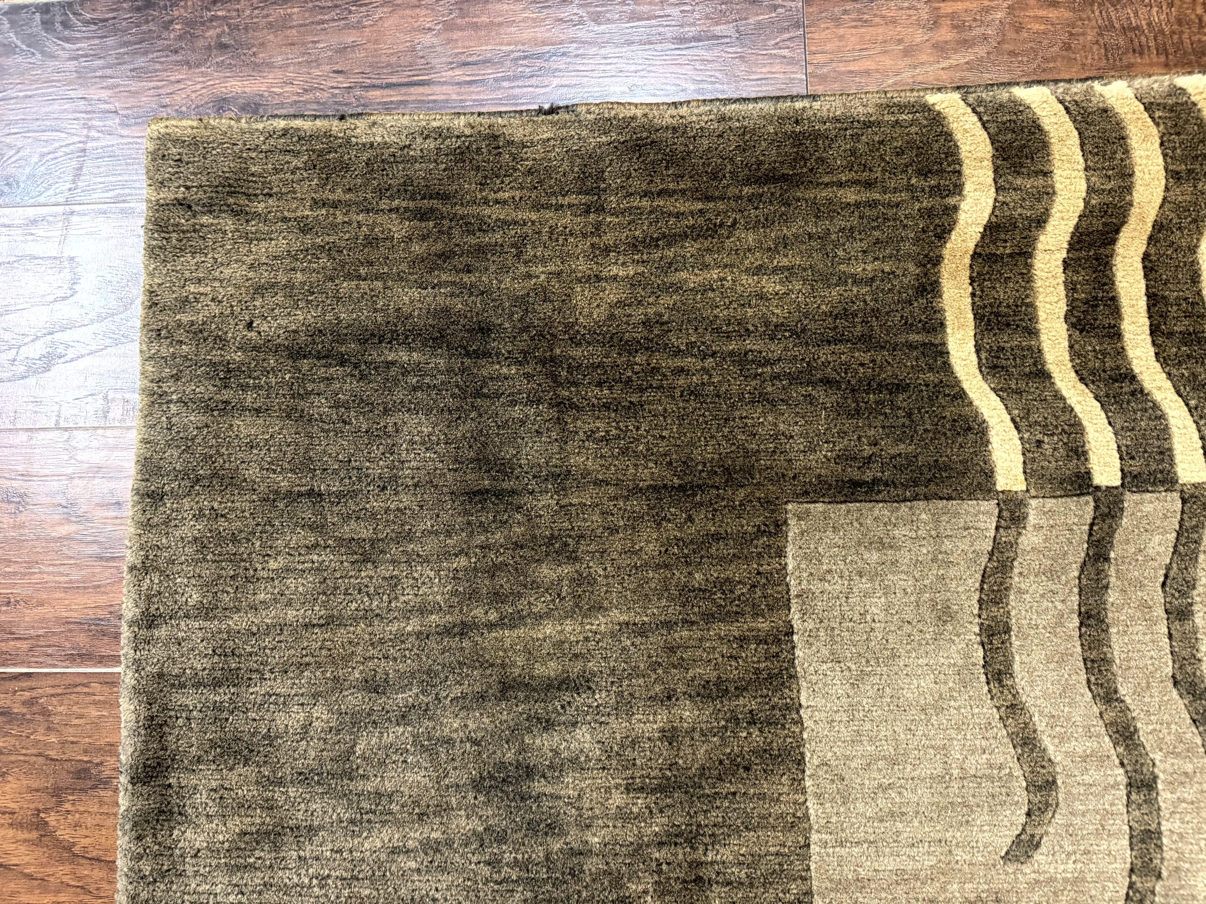 Modern Tibetan Wool Rug 3.6 x 5.6, Shades of Green, Abstract Design - Jewel Rugs