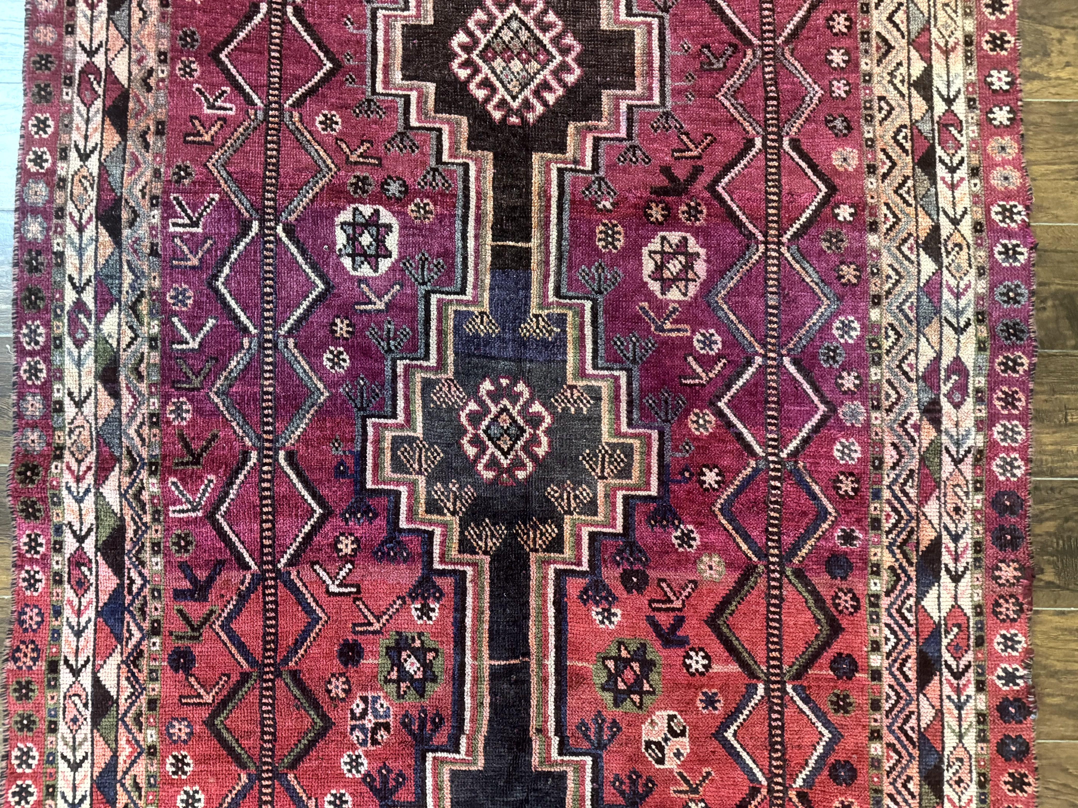 Persian Tribal Shiraz Rug 5x8, Geometric, Raspberry Red and Charcoal, Antique Persian Carpet - Jewel Rugs