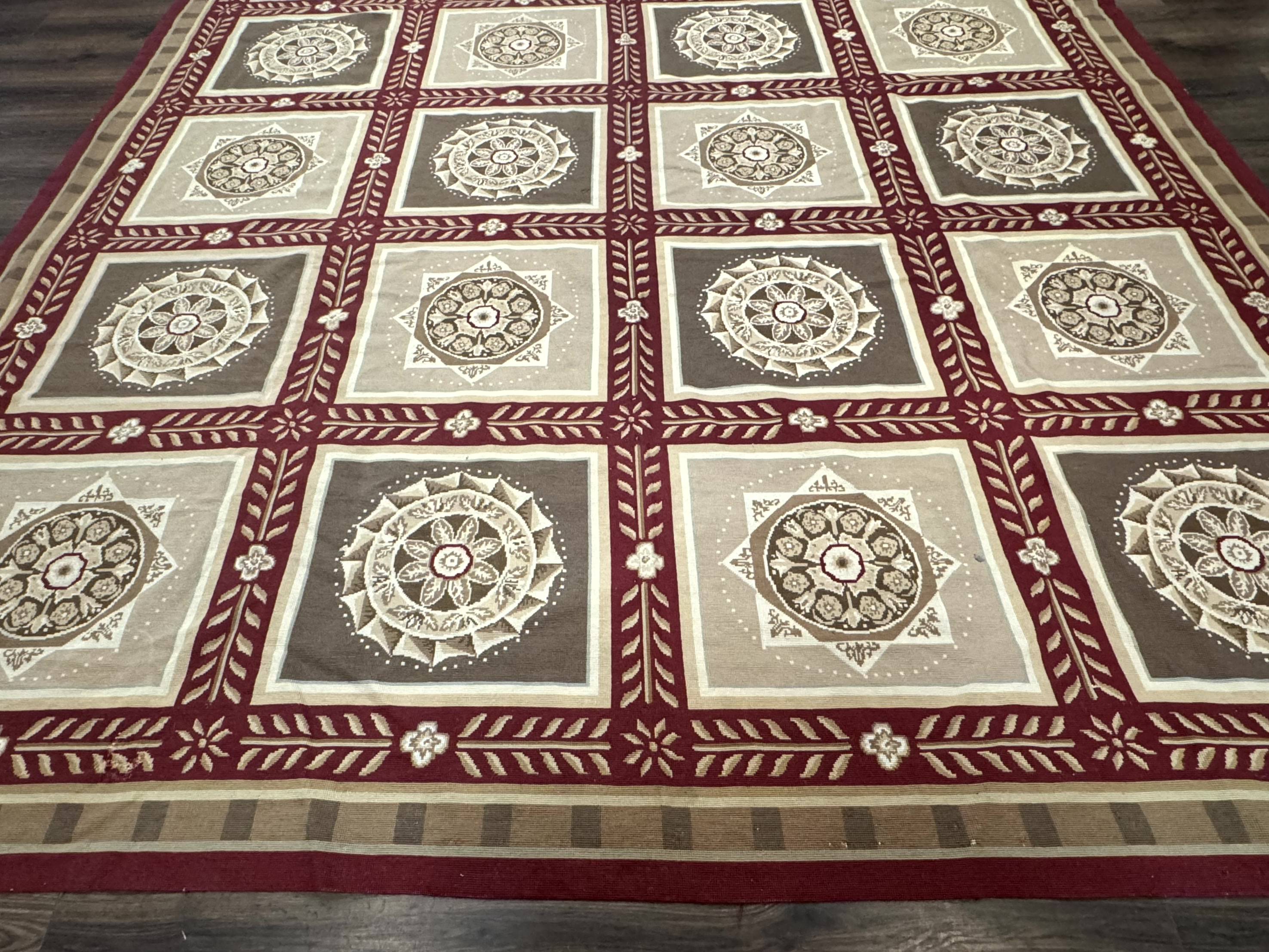 Needlepoint Rug 9x12, Panel Design, Burgundy Taupe, Elegant - Jewel Rugs