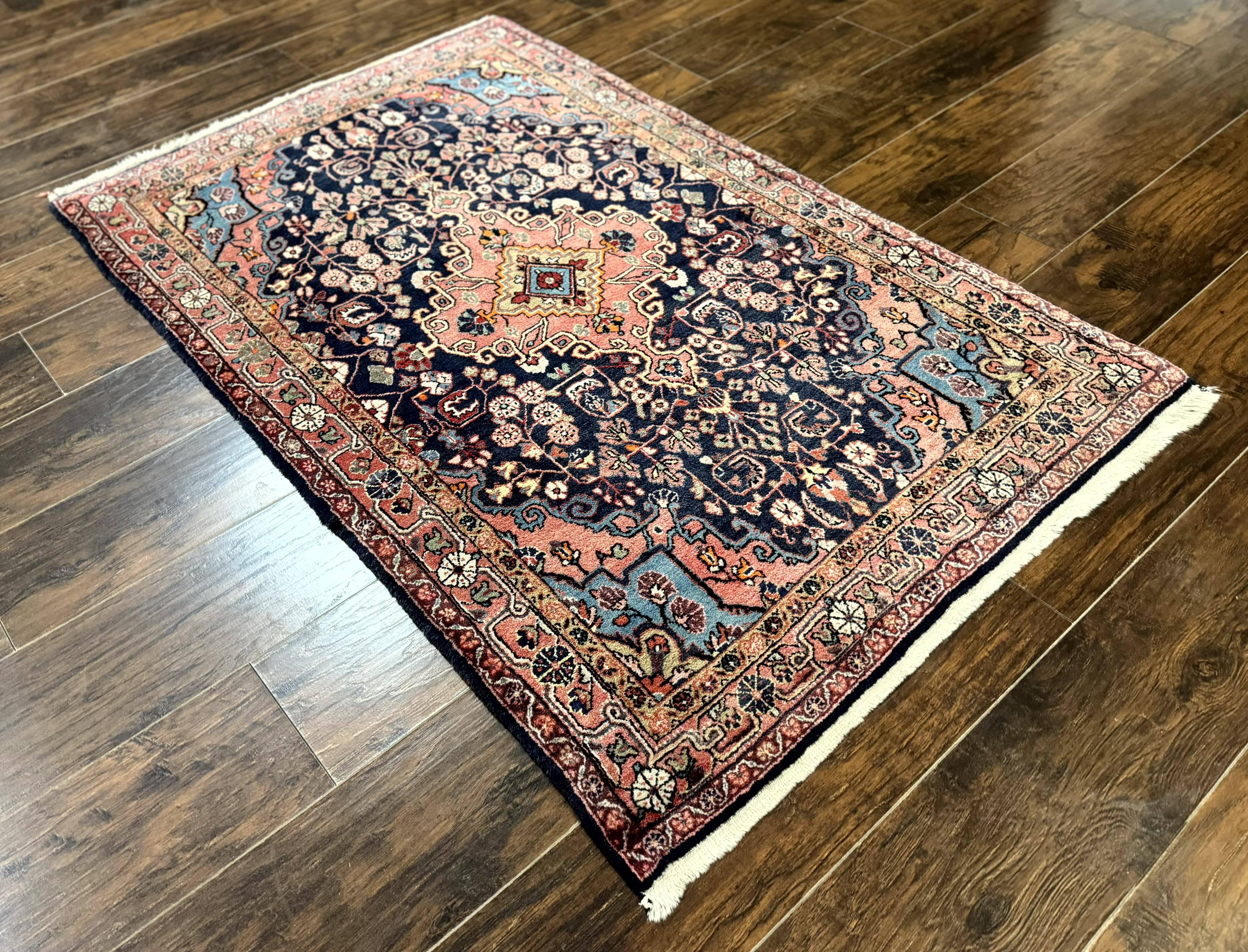 Persian Rug 3x5, Jozan Sarouk Rug, Navy Blue and Coral, Medallion Rug, Semi Antique - Jewel Rugs