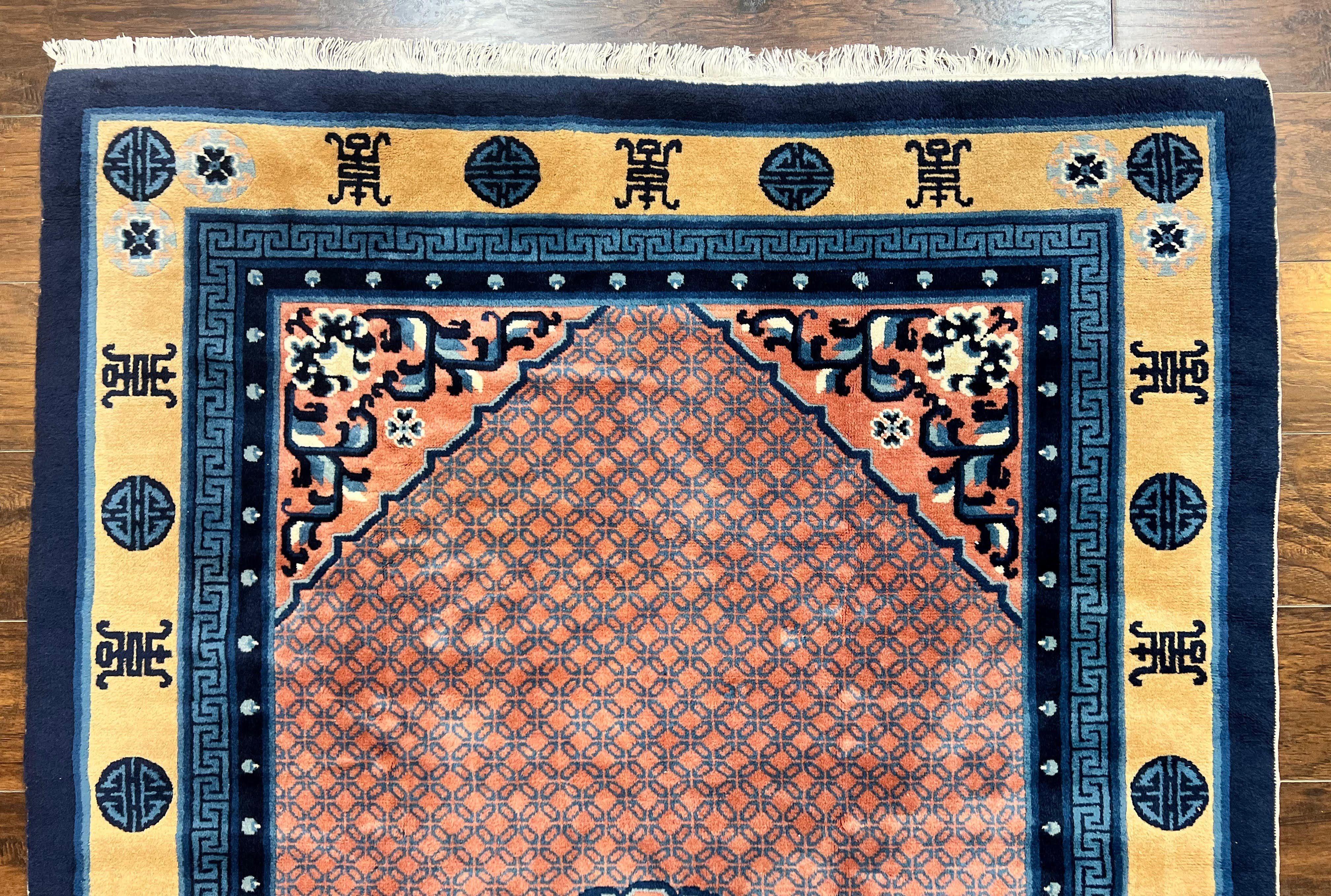 Chinese Peking Rug 5x8, Vintage Semi Antique Chinese Art Deco Carpet, Wool Pile Light Red/Salmon Gold Navy Blue, Handmade Asian Oriental Rug - Jewel Rugs