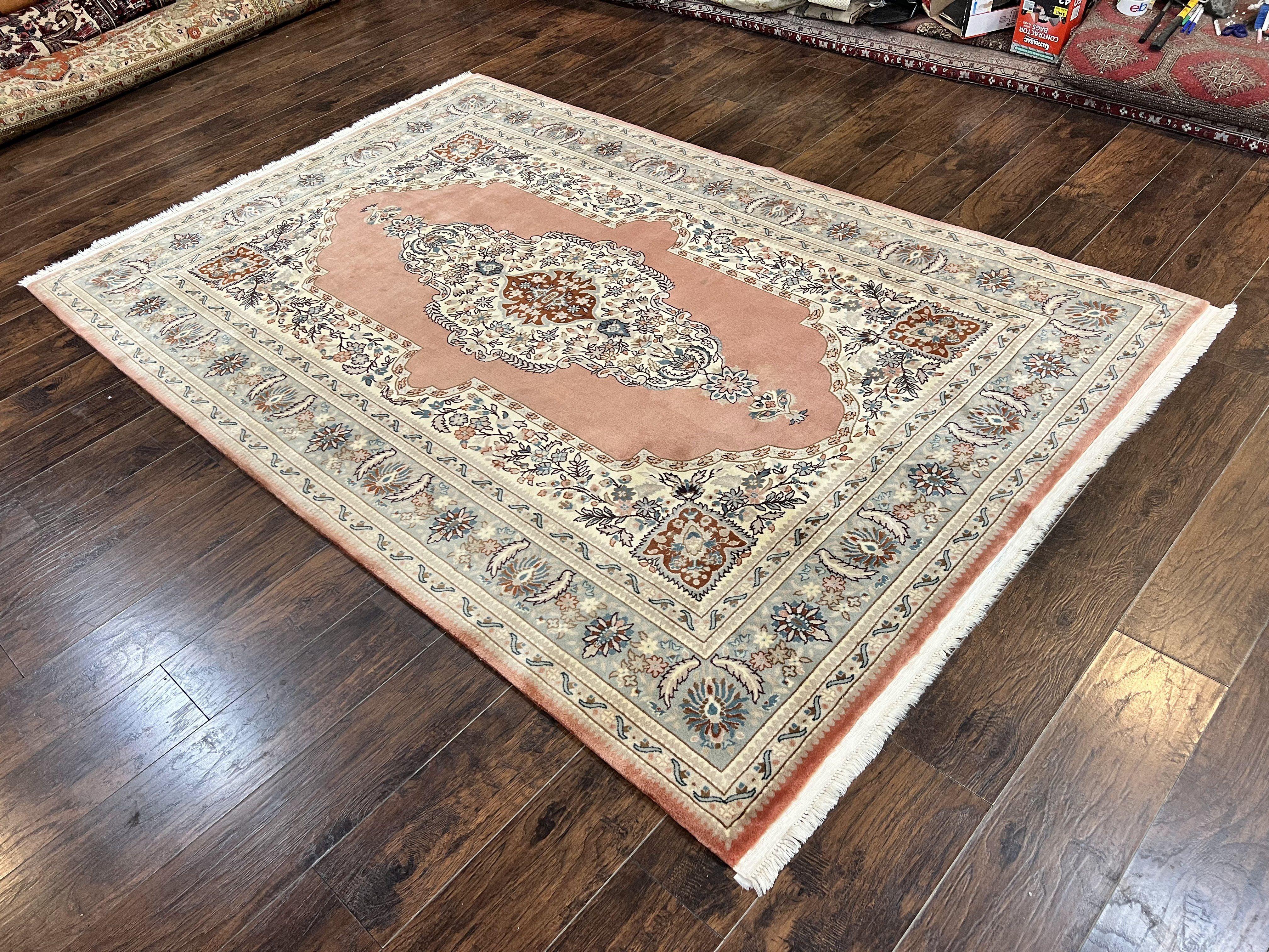 Indo Persian Rug 6x9, Semi Open Field Medallion Rug, Vintage Hand Knotted Wool Oriental Carpet, Traditional Rug, Light Pink, Medium Size - Jewel Rugs