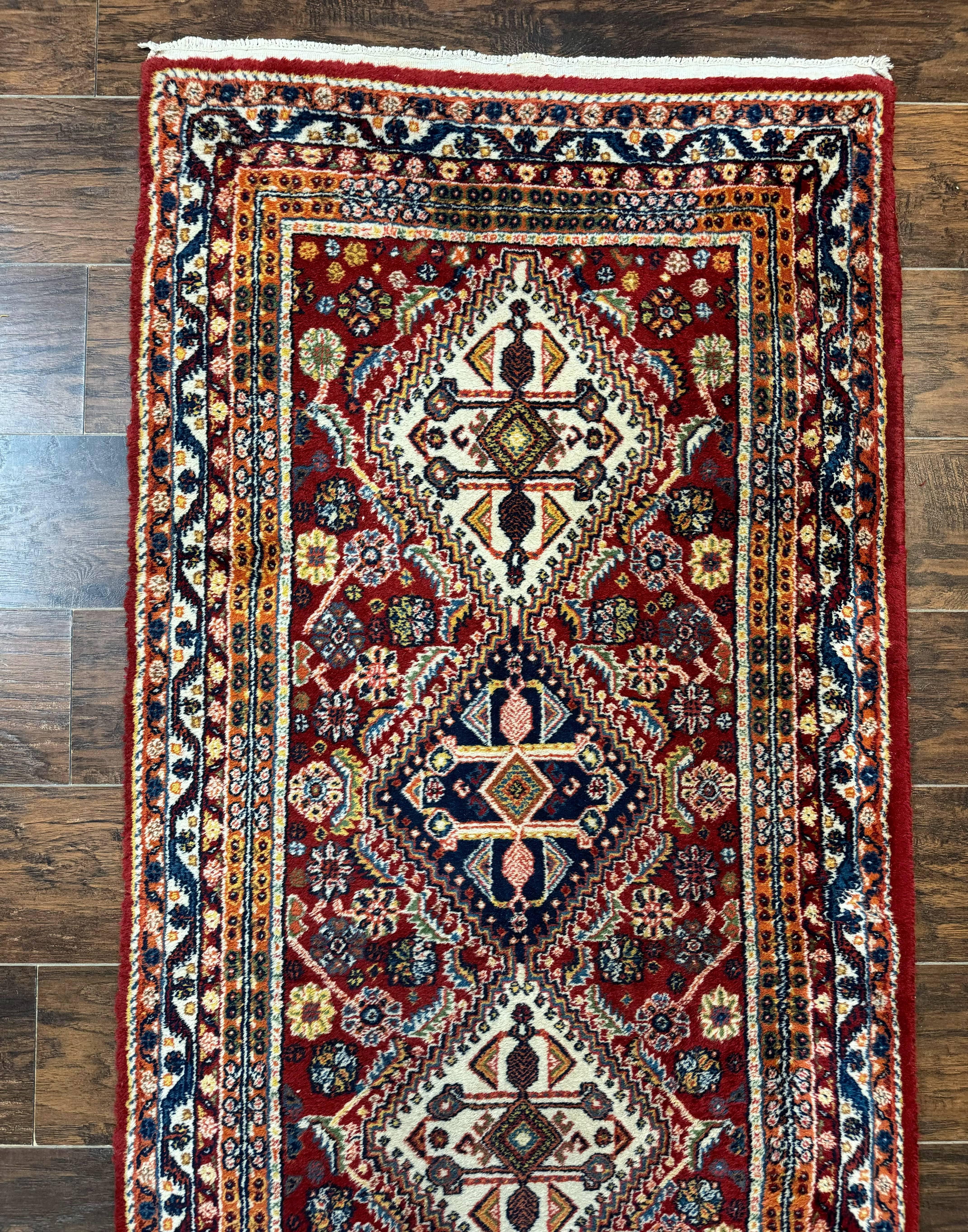 Antique Persian Qashqai Runner Rug 3 x 13 ft, Tribal Runner, Geometric Medallions, Red Ivory Blue, Wool - Jewel Rugs