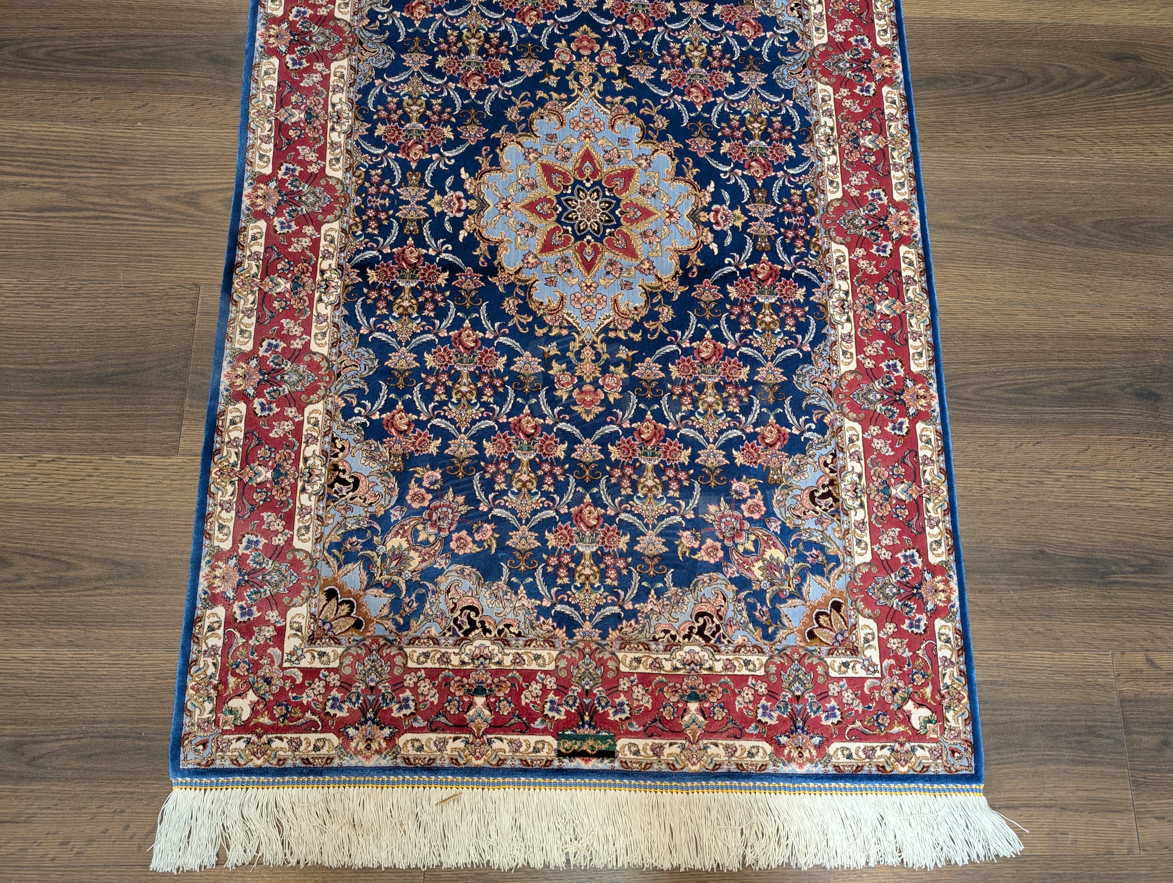 Navy Blue Silk Rug 2.5 x 4, Fine, Detailed, Turkish Silk Rug, Bamboo Silk, New - Jewel Rugs