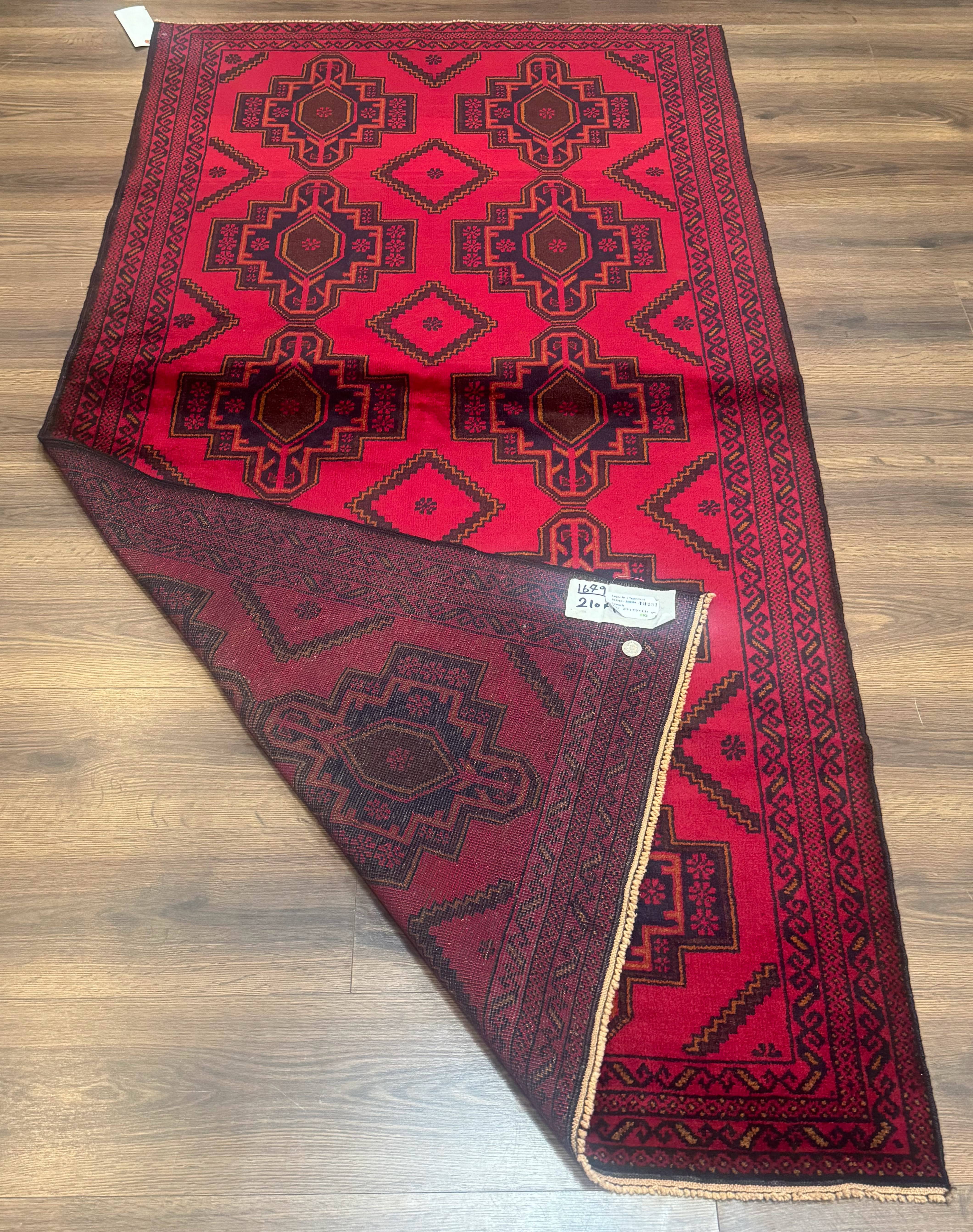 Afghan Rug 4x7, Tribal Carpet, Balouch Rug, Red and Navy Blue, Repeated Medallions, New - Jewel Rugs