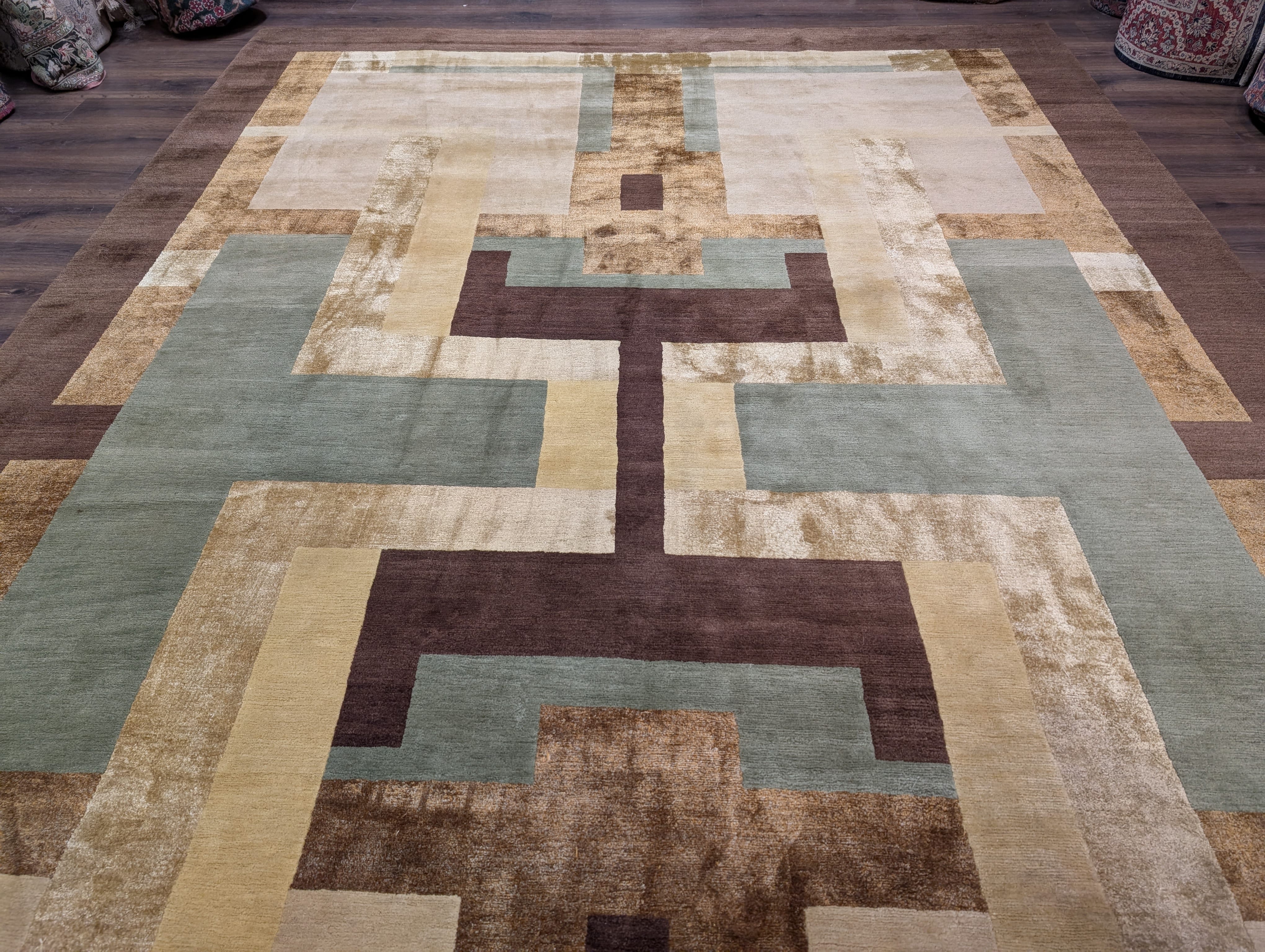 Modern Tibetan Rug 10x14, Wool, Thick Pile, Abstract Geometric, Handmade - Jewel Rugs