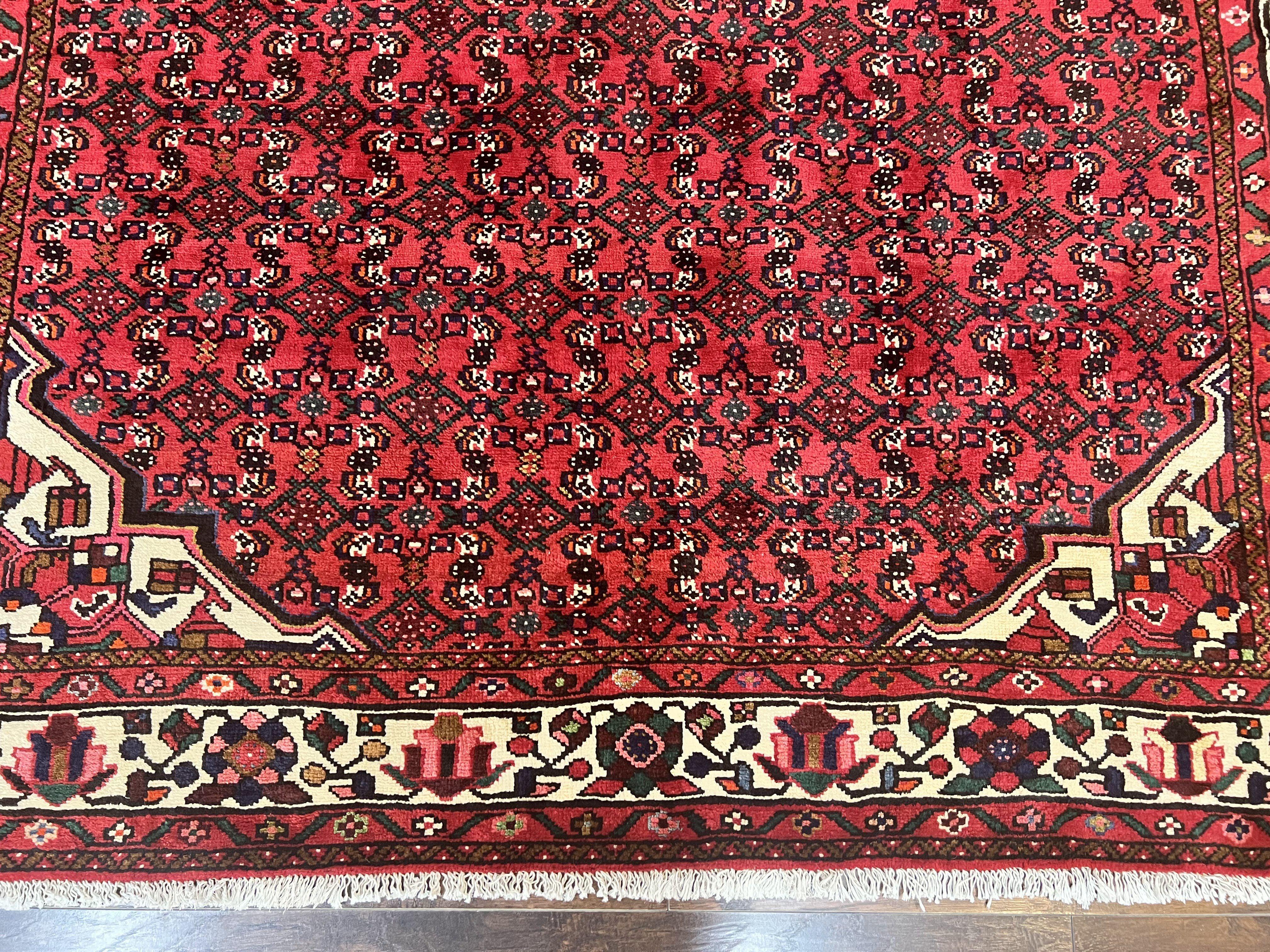 Persian Tribal Rug 7x10, Wool Handmade Semi Antique Vintage Hamadan Dargazine Carpet, Red & Ivory Allover Floral Medallion Rug, 7 x 10 Room Sized Oriental Rug - Jewel Rugs