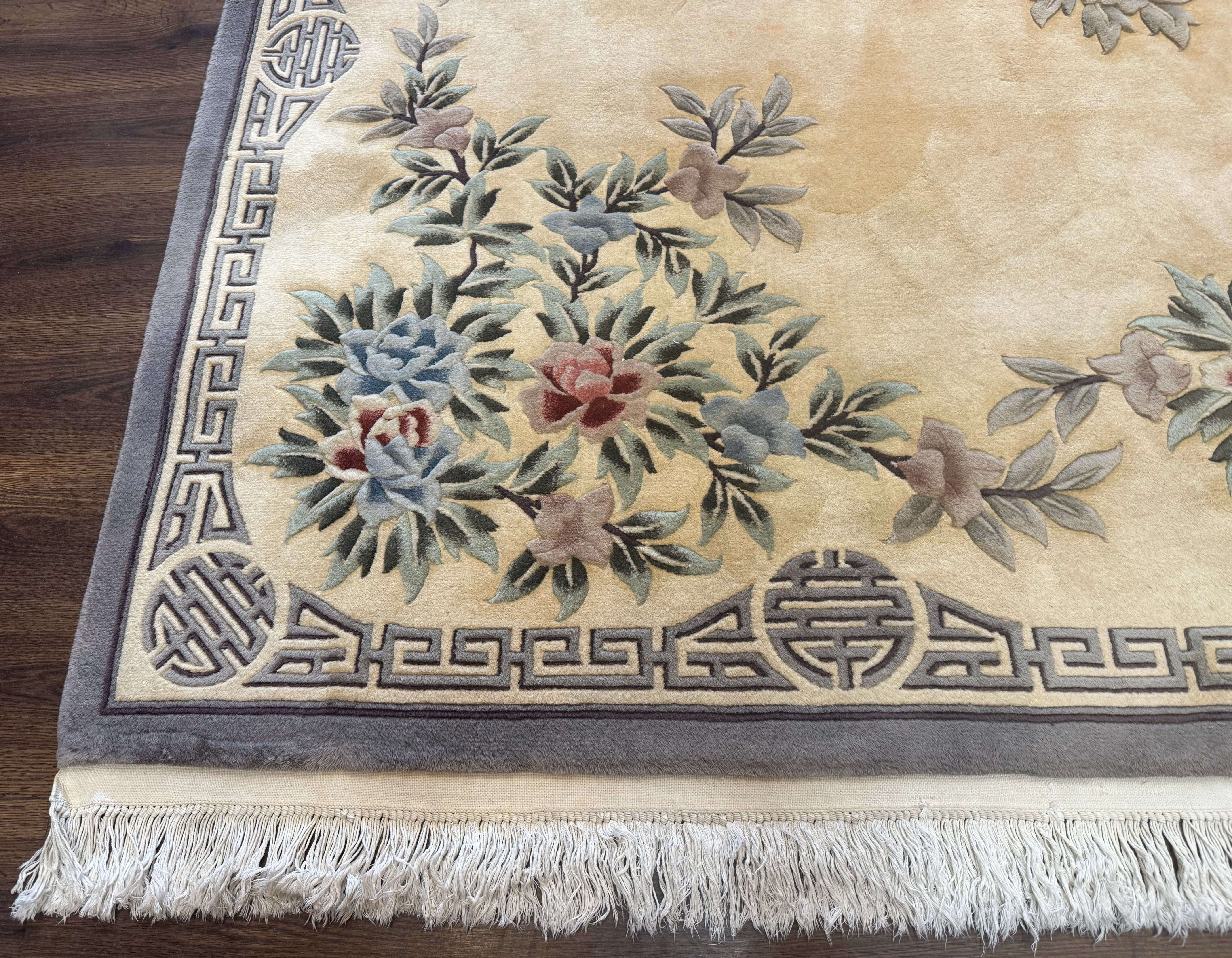 Chinese Wool Rug 9x12, Carving 90 Line Carpet, Floral, Cream and Green - Jewel Rugs