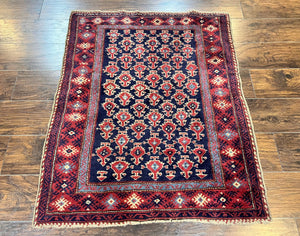 Turkish Sparta Rug 3x4, Allover Pattern, Navy Blue and Red, Antique Ispara Oriental Carpet 3 x 4, Small Turkish Handmade Vintage Wool Rug