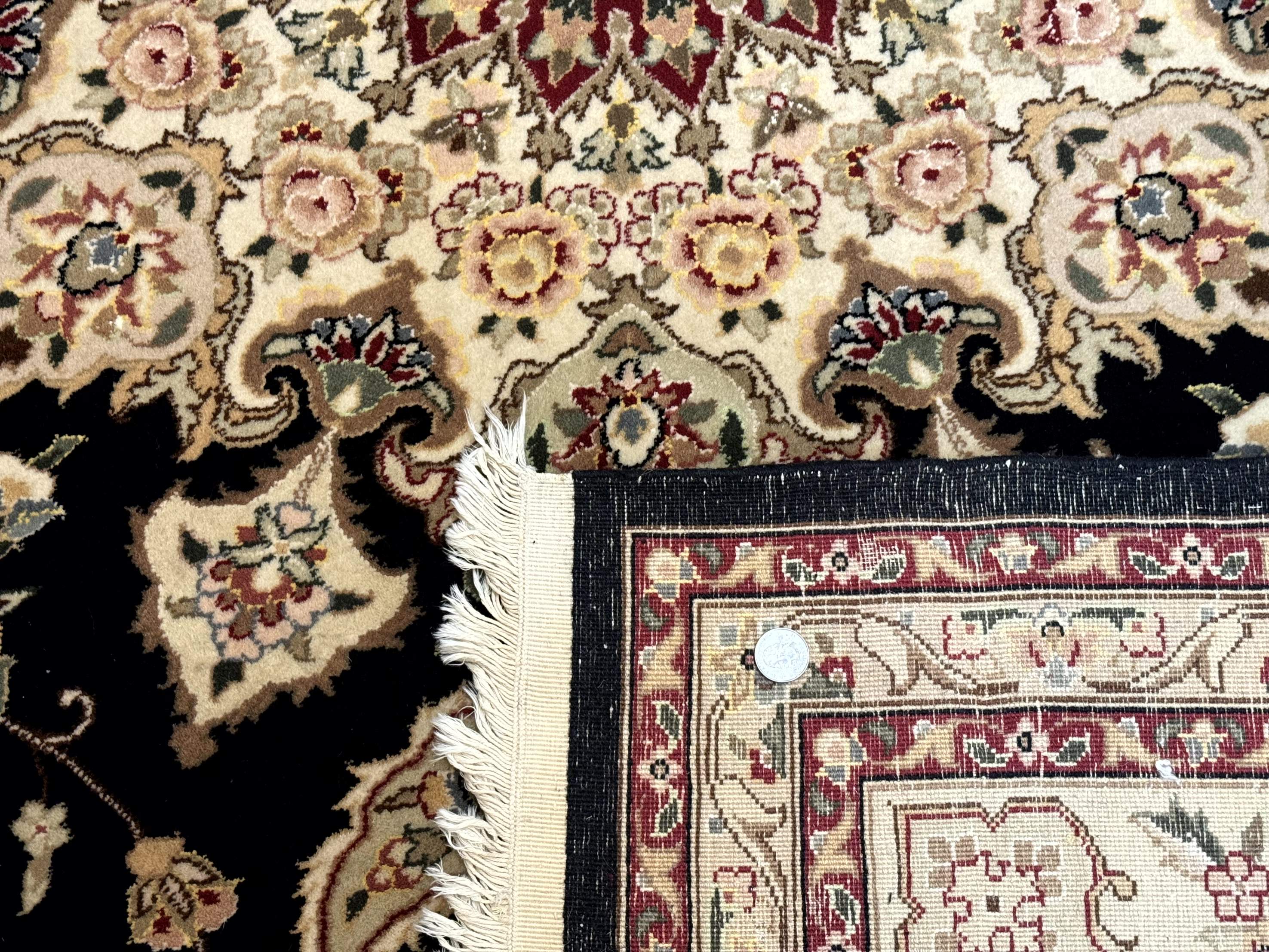 Sino Persian Rug 9x12, Black and Beige, Floral Medallion, Wool & Silk, Handmade - Jewel Rugs