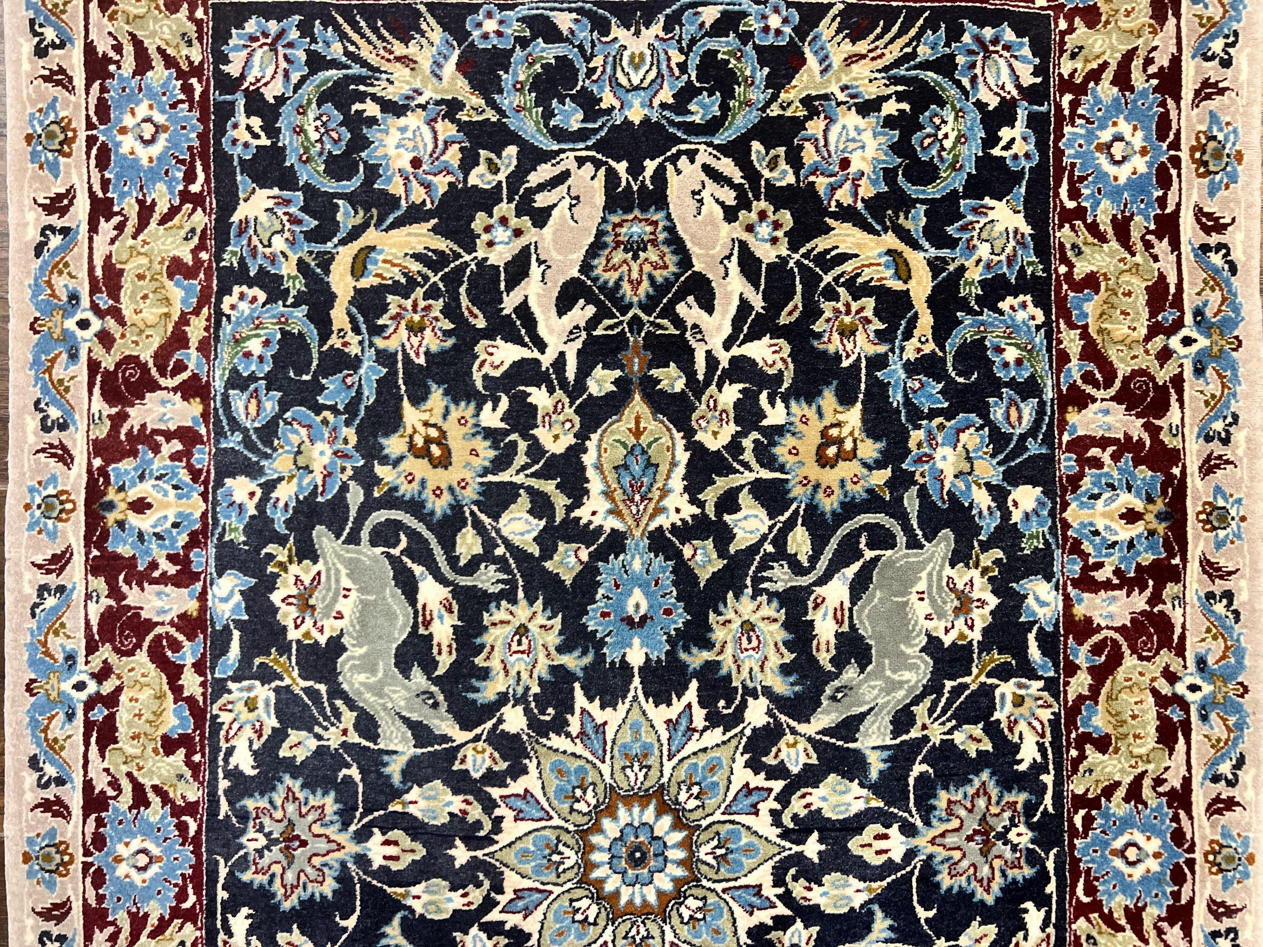 Wonderful Persian Isfahan Rug 2.4 x 4, Animal Pictorials Deer, Floral, Handmade Vintage Navy Blue Small Persian Carpet, Very Fine 430 KPSI Kork Wool - Jewel Rugs