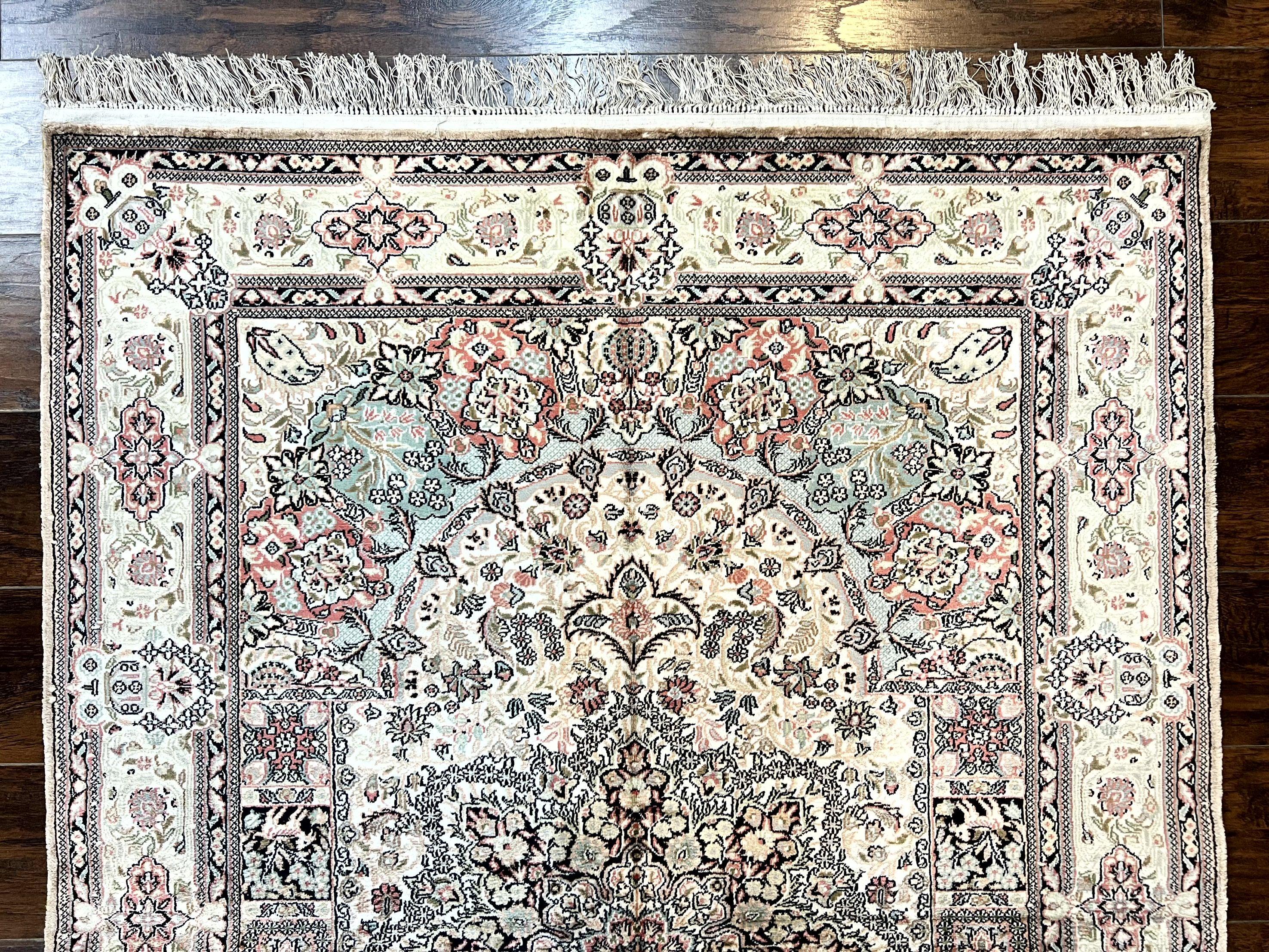 Silk Indian Kashmiri Rug 4x6, Handmade Vintage Silk Carpet, Ivory and Multicolor, Detailed Fine 240 KPSI - Jewel Rugs