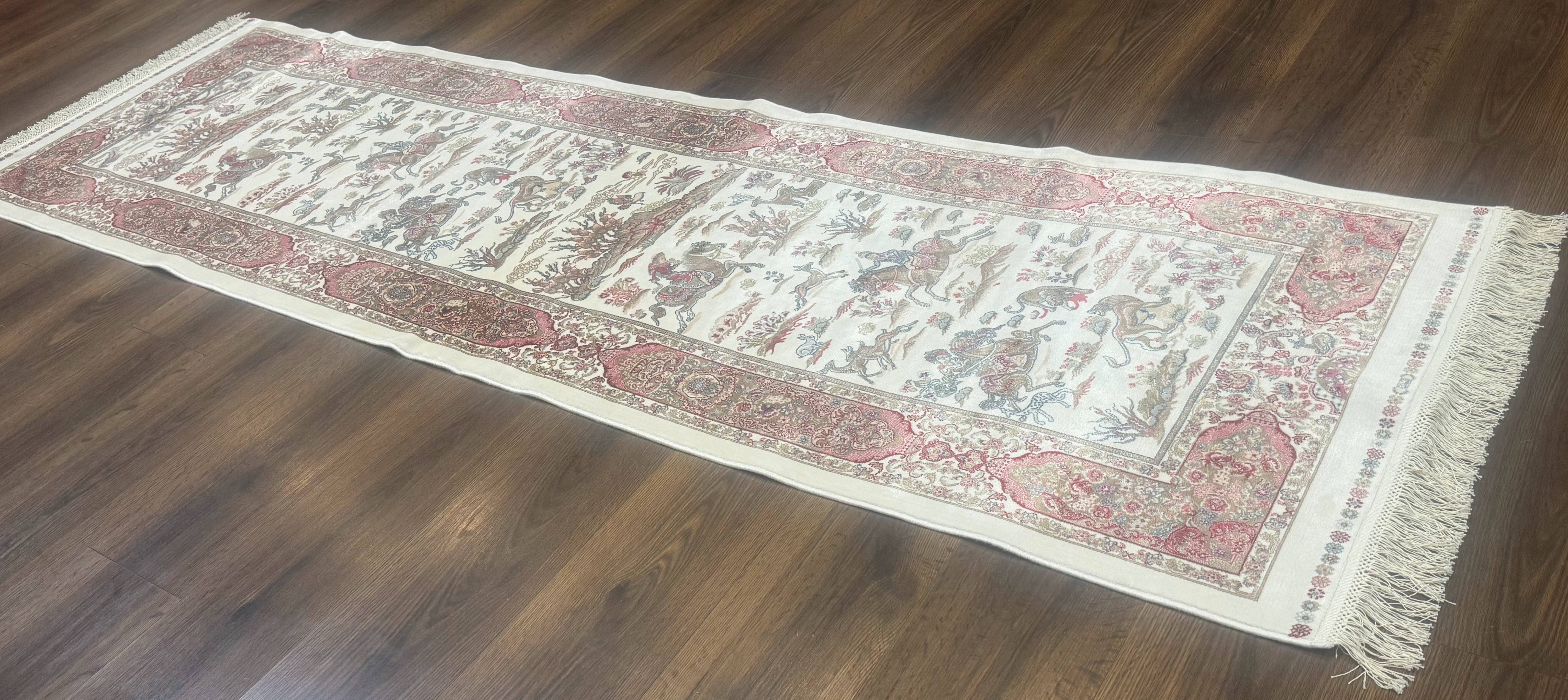Turkish Silk Runner Rug 2.6 x 8, Hunting Design, Ivory, Bamboo Silk, New - Jewel Rugs