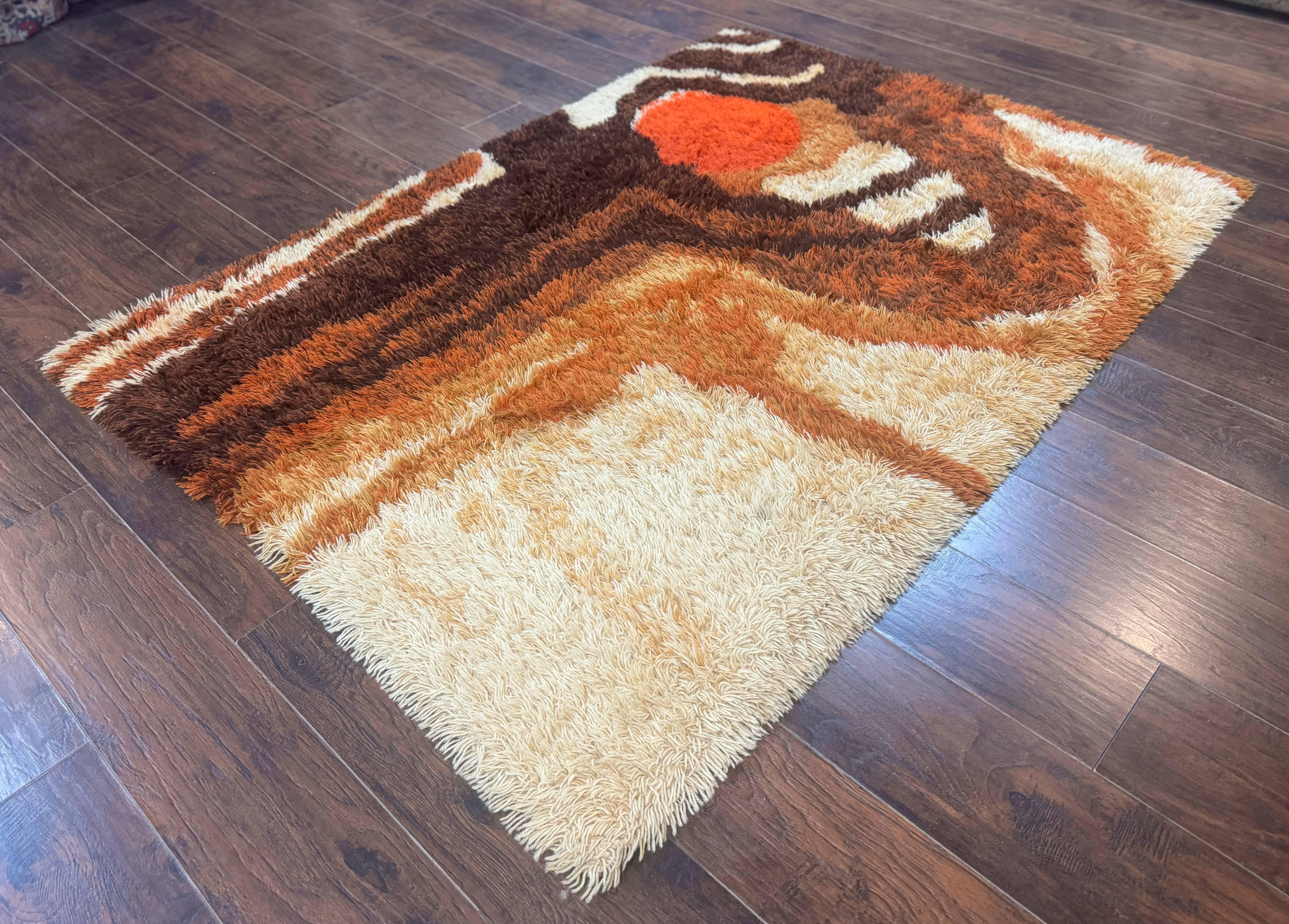 Danish Rya Shag Rug, Mid Century Modern Vintage Retro Abstract Carpet, 5x6, Shades of Brown Cream and Orange - Jewel Rugs