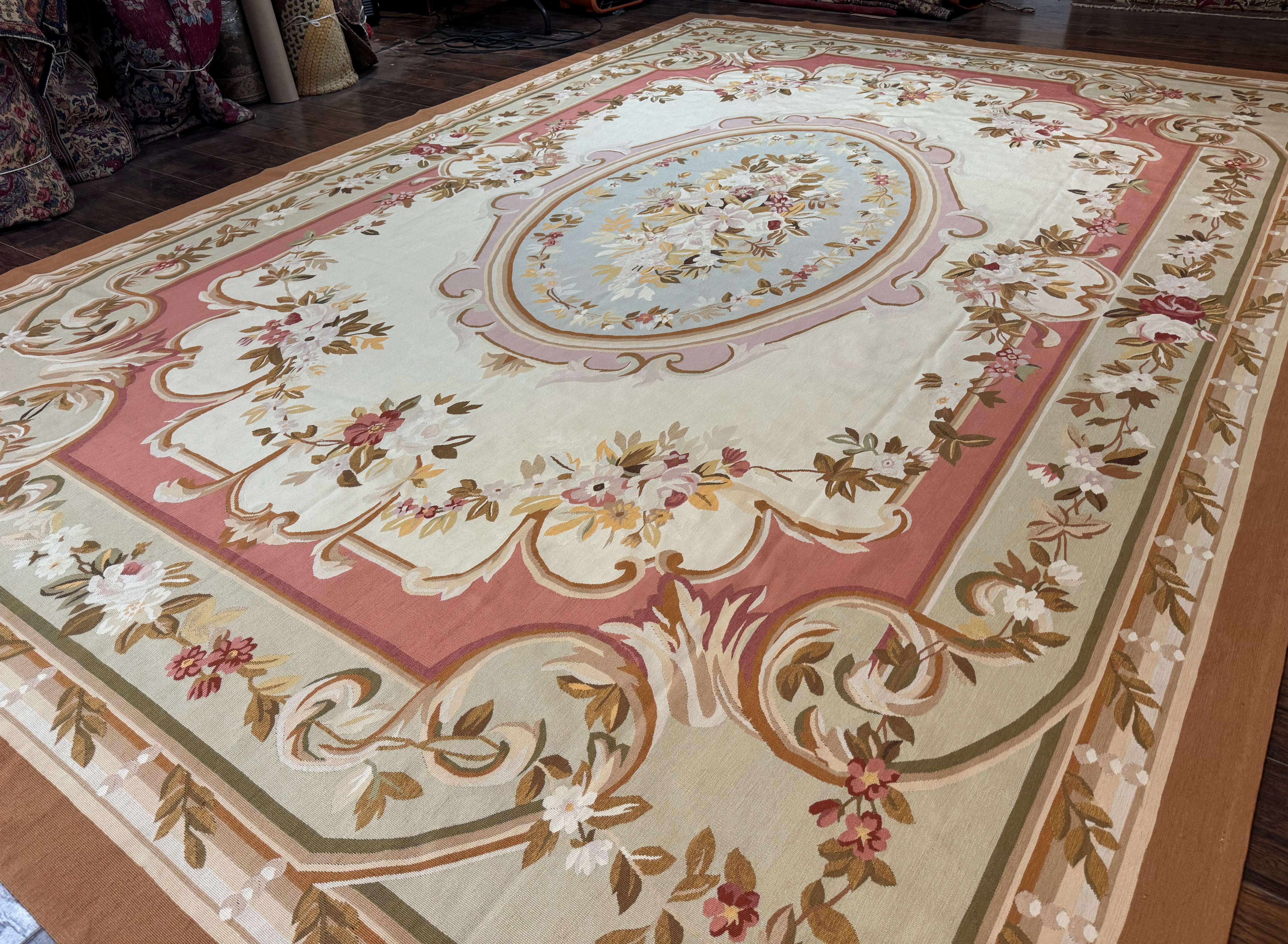 French Aubusson Rug 10x14, Vintage Flatweave European Handmade Carpet, Ivory LIght Blue Pink, Large Aubusson Rug - Jewel Rugs