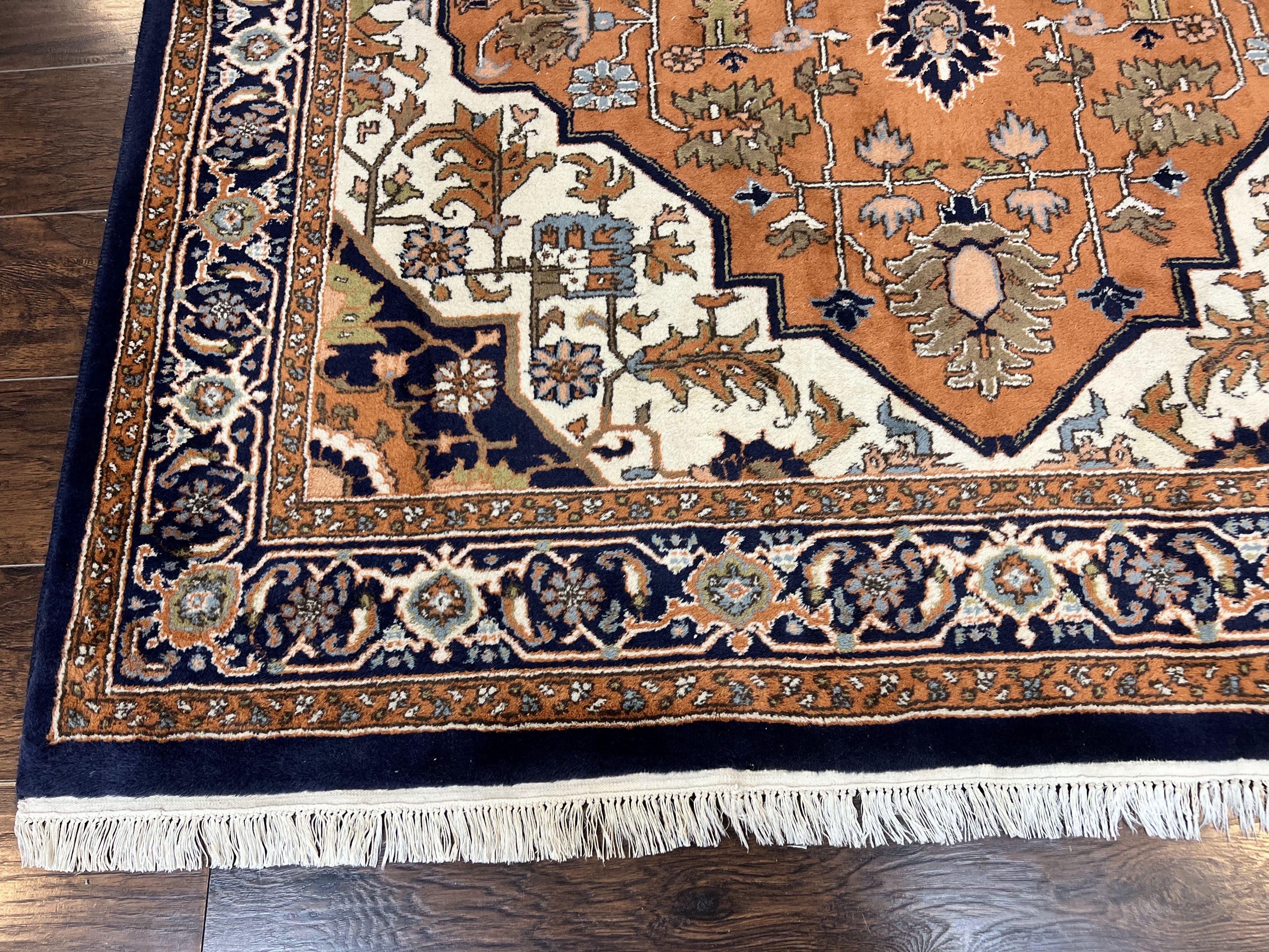 Indo Heriz Rug 6x8, Wool Hand Knotted Vintage Oriental Carpet, Orange-Red Ivory & Navy Blue, Medallion Rug, Handmade Indo Persian Rug - Jewel Rugs