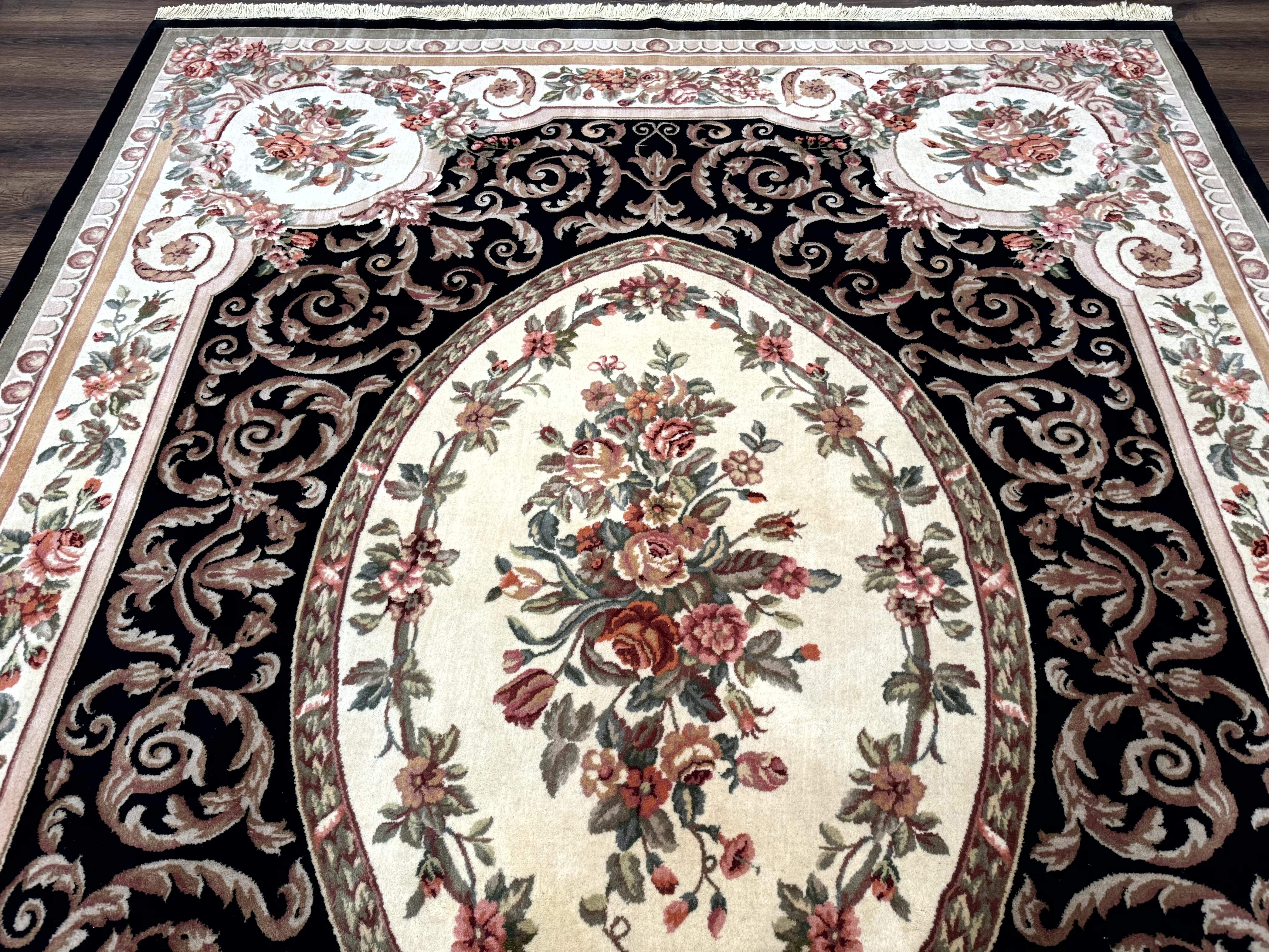Aubusson Rug 8x10 – Black and Ivory, Hand-Knotted Wool, Vintage Carpet - Jewel Rugs