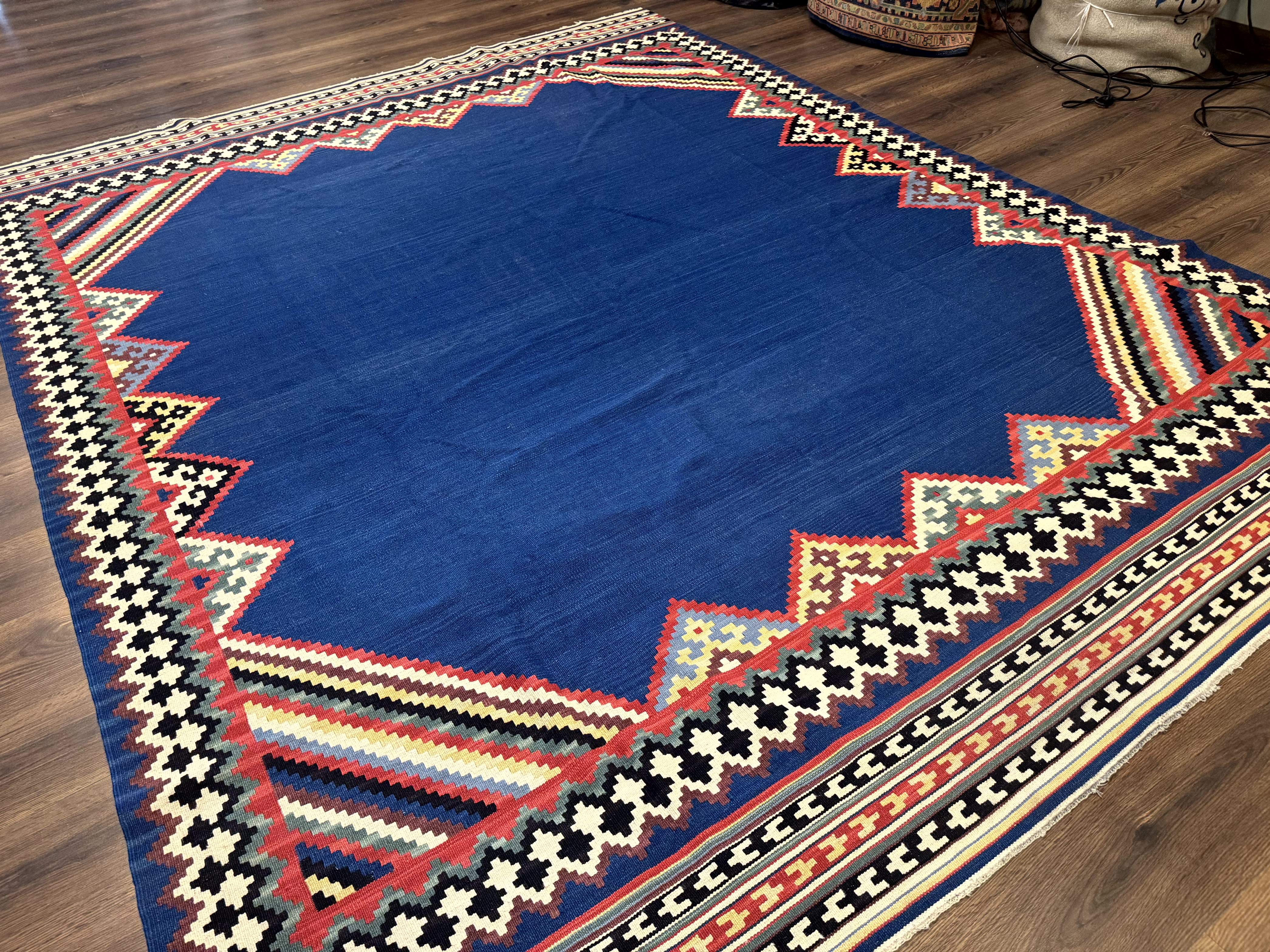 Persian Shiraz Tribal Kilim Rug 8x10, Large Blue Open Field, Bohemian, Colorful - Jewel Rugs