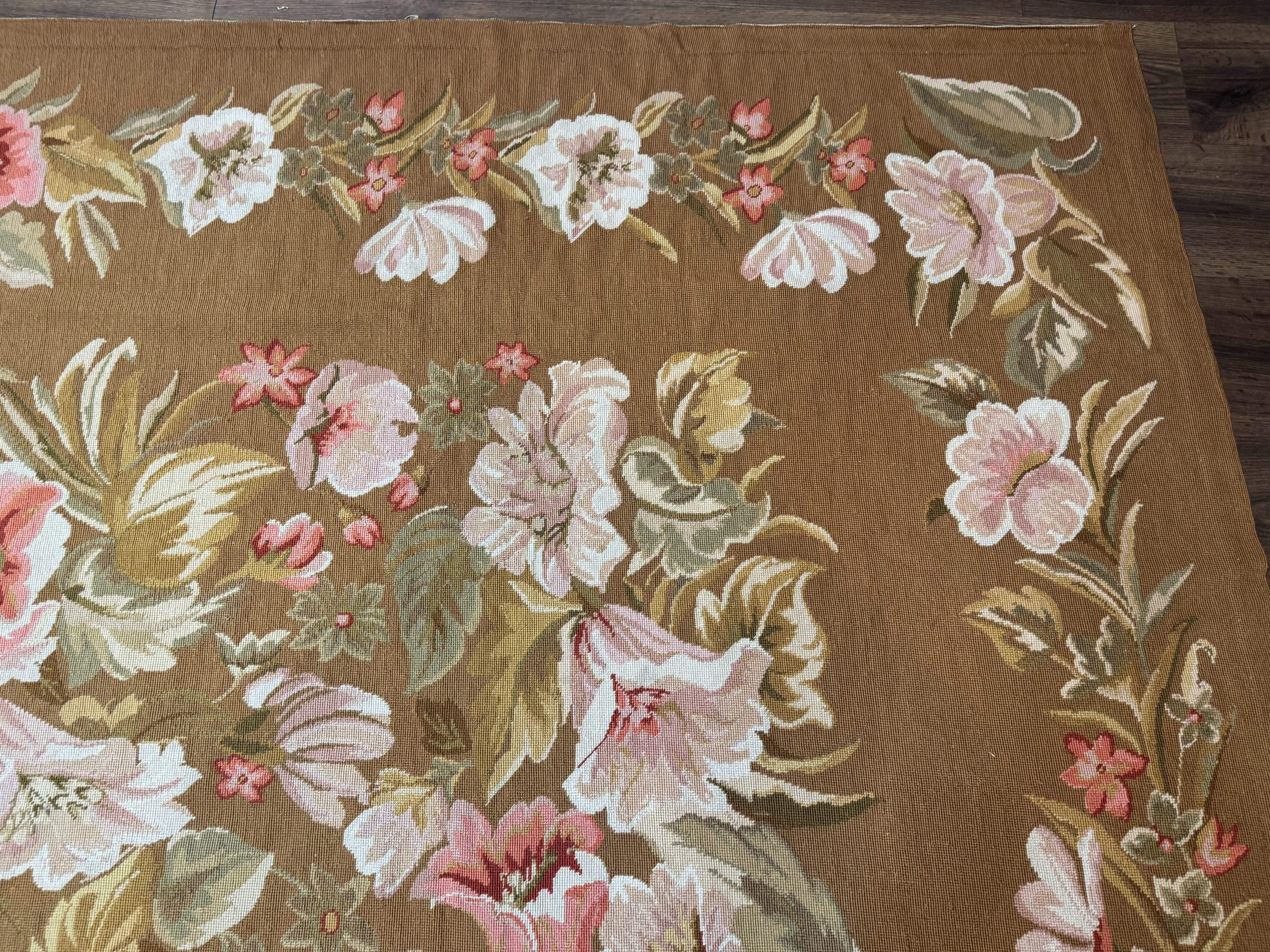 Large Needlepoint Rug 11x14, Vintage Floral Wool Carpet, Caramel - Jewel Rugs