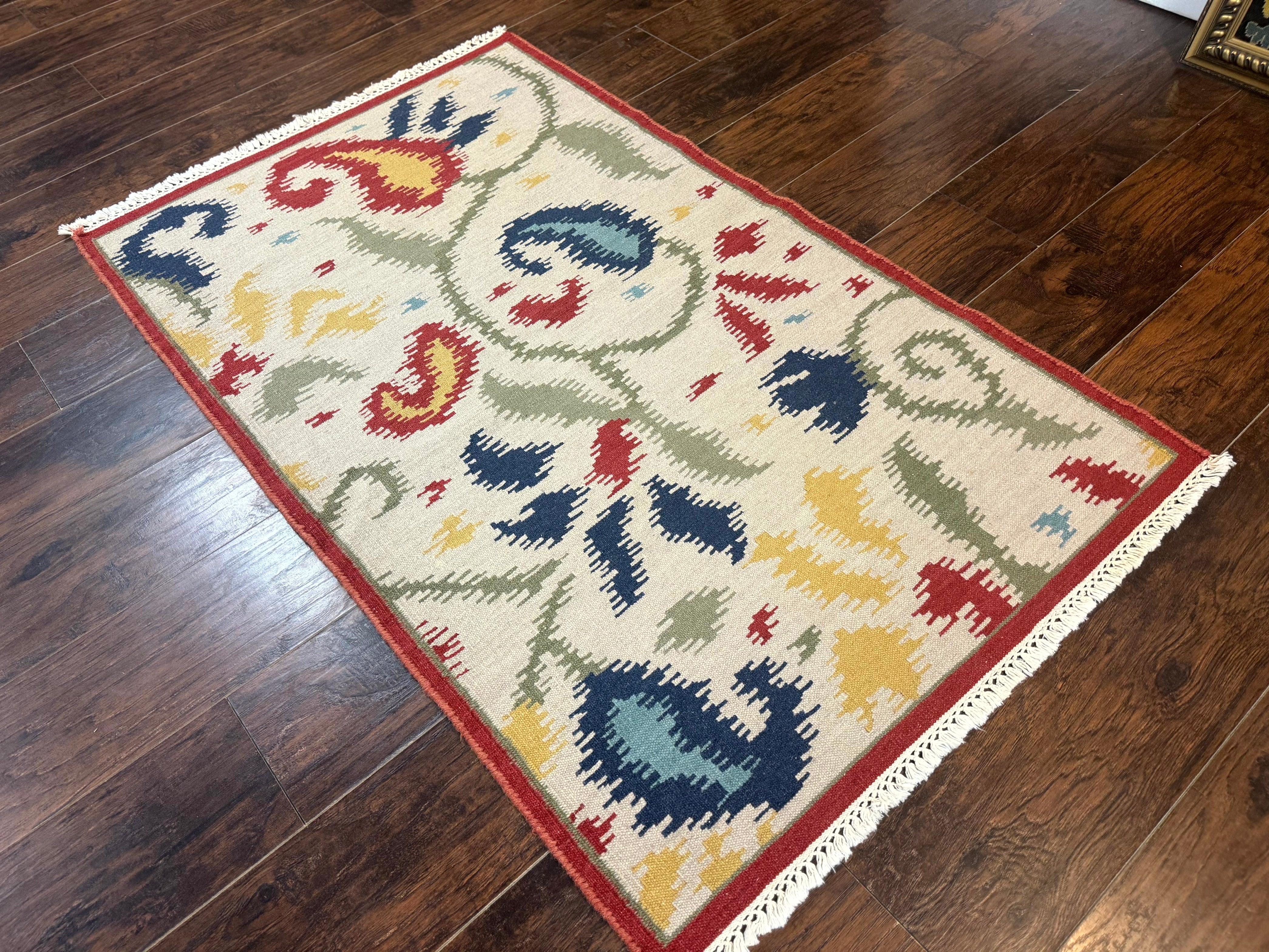 Indian Kilim Flatweave Rug 3x5, Abstract, Beige and Multicolor Flowers, Handmade - Jewel Rugs