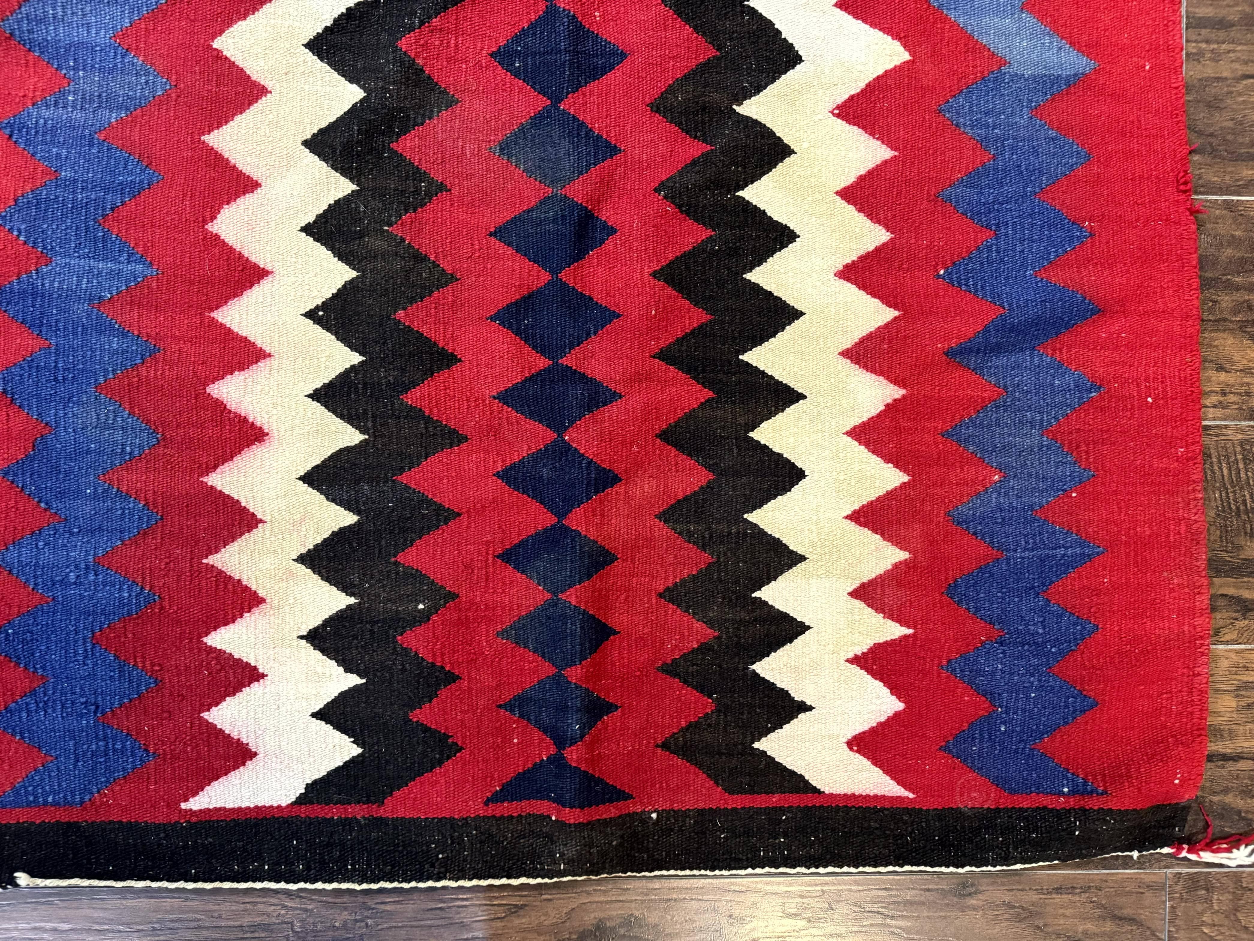 Antique Navajo Rug 3.7 x 2.8, Red Ivory Blue, Zig Zag Pattern, Handmade, Wool - Jewel Rugs