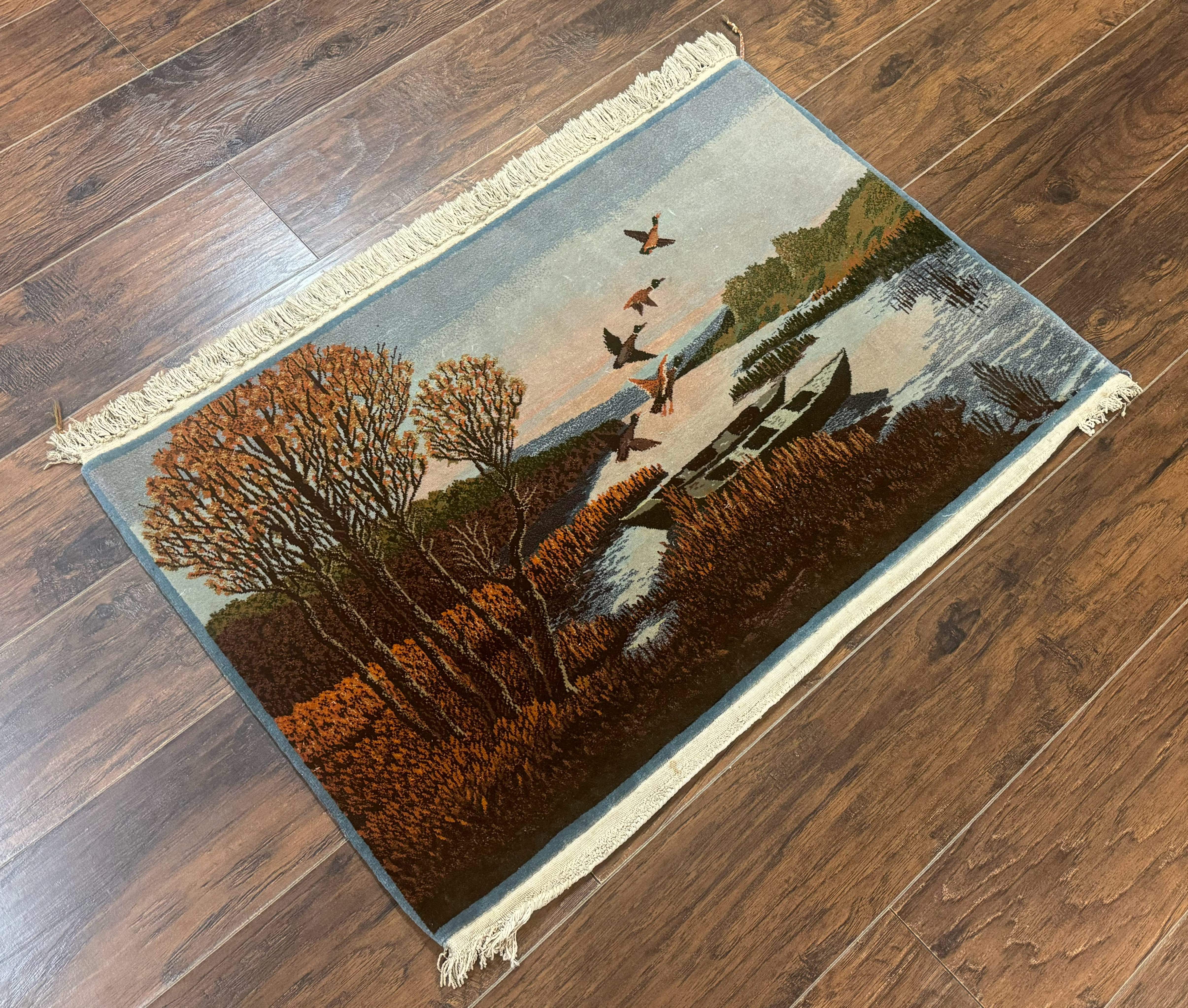 Persian Tabriz Pictorial Rug 3x2, Wall Hanging Rug, Nature Scene, Boats, Fine 330 KPSI, Kork Wool - Jewel Rugs