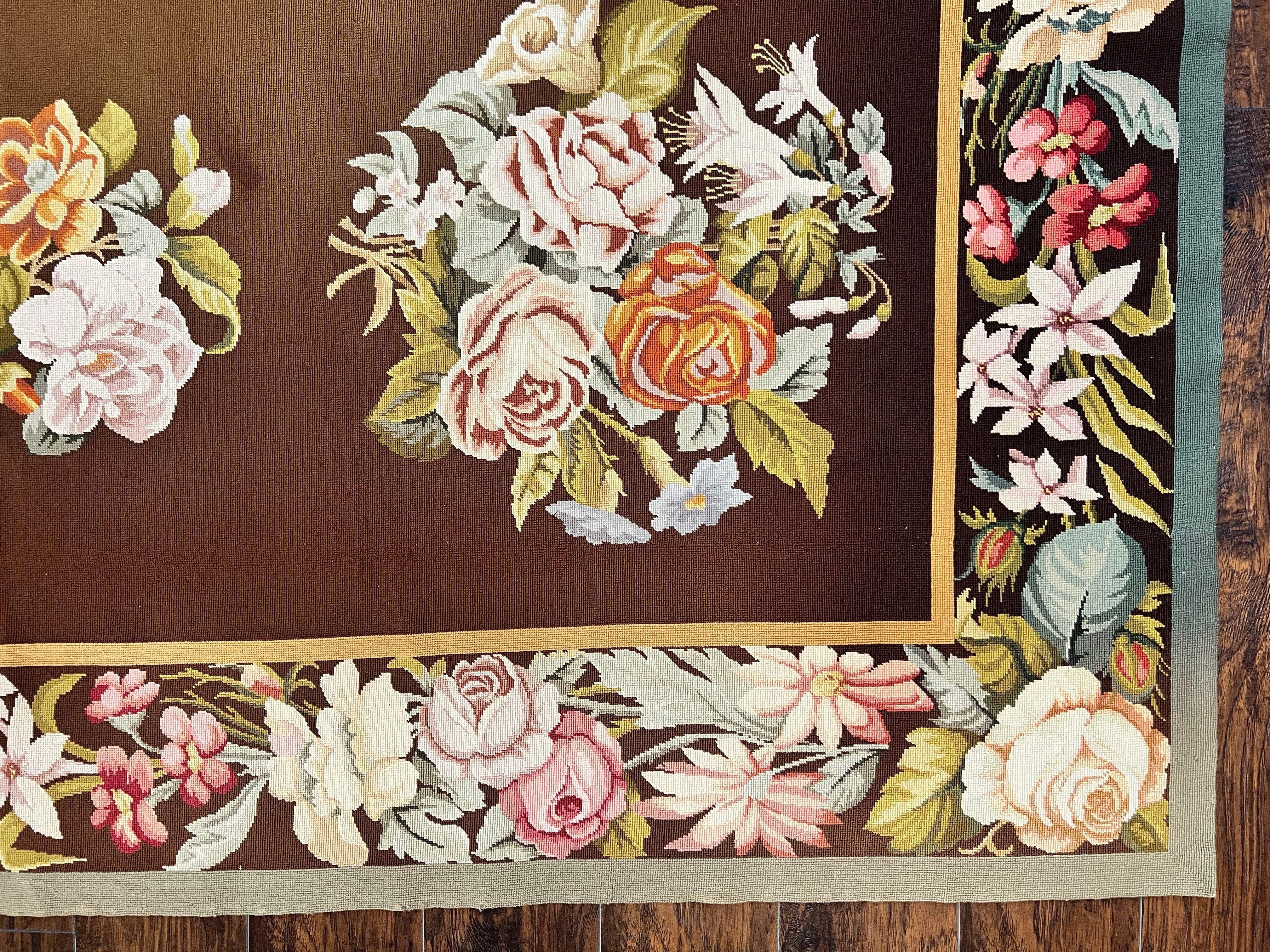 Vintage Needlepoint Rug 9x12, Large Handmade Hand-woven Needlepoint Carpet, Brown Area Rug, Floral Bouquets, Wool Rug, European Design - Jewel Rugs