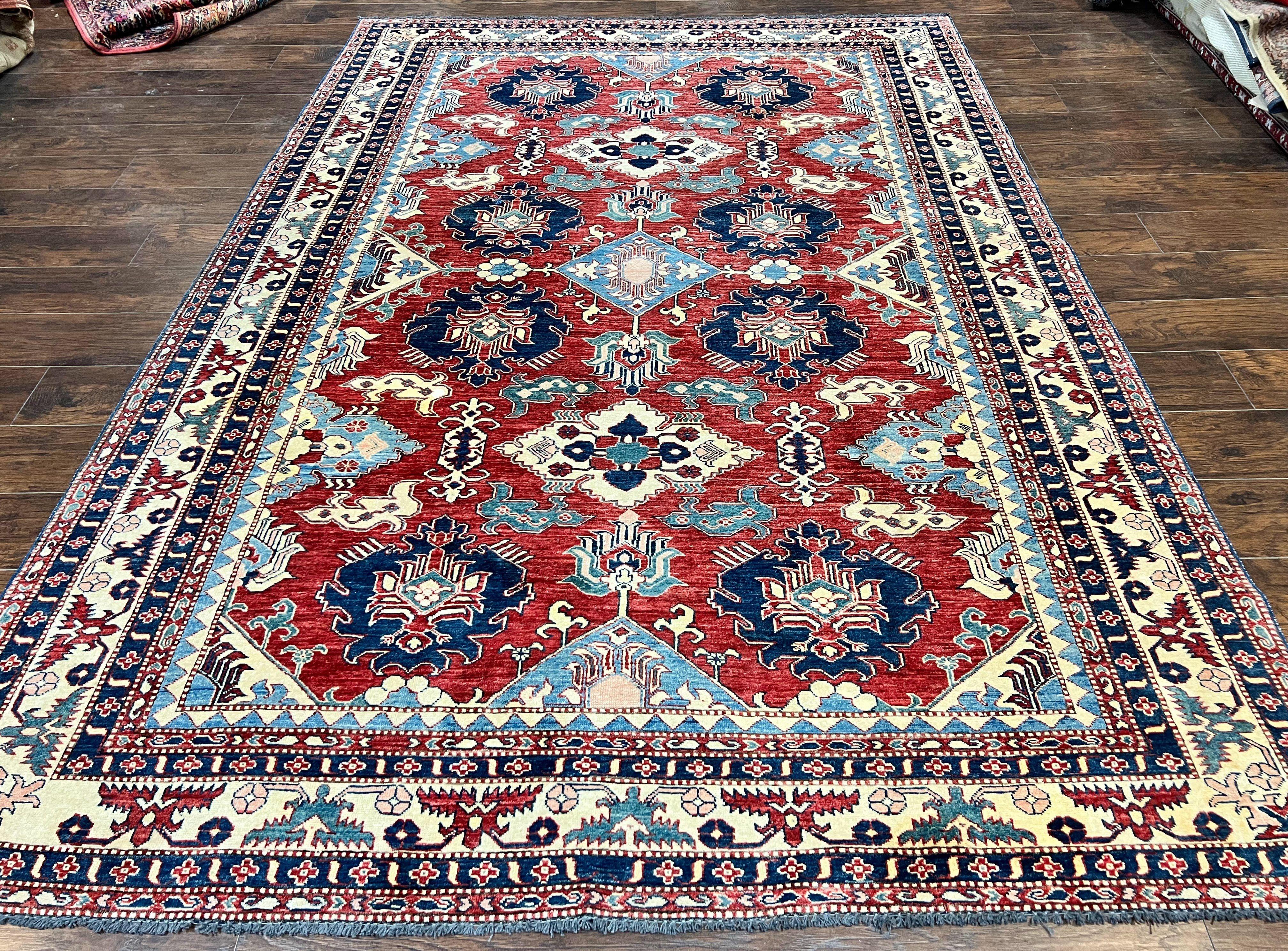 Turkish Heriz Rug 7x10, Wool Hand Knotted Handmade Room Sized Oriental Carpet, Red & Ivory, Vintage Geometric Oriental Rug 7 x 10 ft - Jewel Rugs