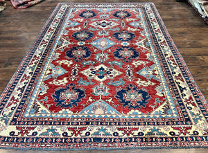 Turkish Heriz Rug 7x10, Wool Hand Knotted Handmade Room Sized Oriental Carpet, Red & Ivory, Vintage Geometric Oriental Rug 7 x 10 ft