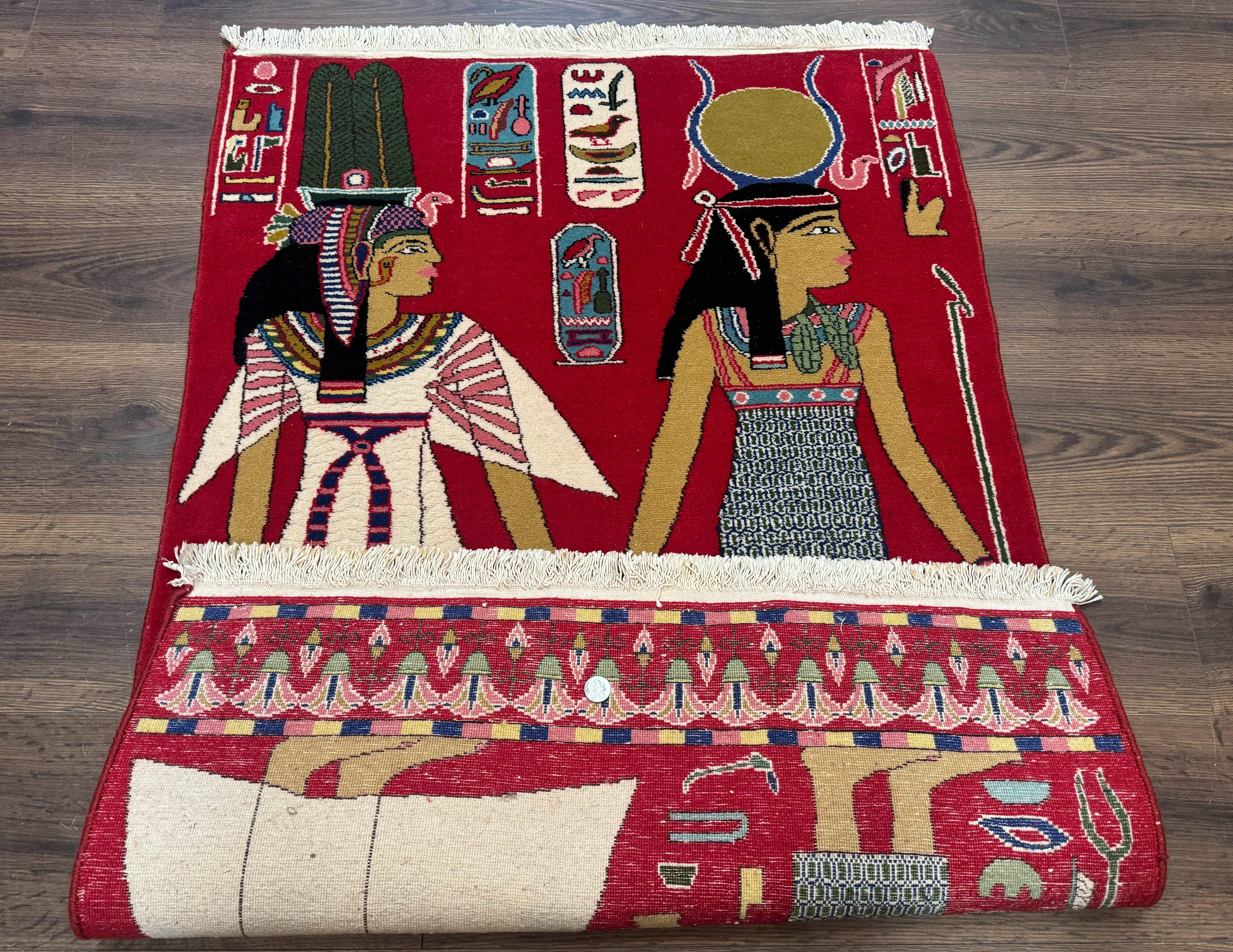 Egyptian Pictorial Rug 3x4, Hieroglyphic Pictorial Rug, Egyptian Prince and Princess, Cleopatra, Vintage Handmade, Red - Jewel Rugs