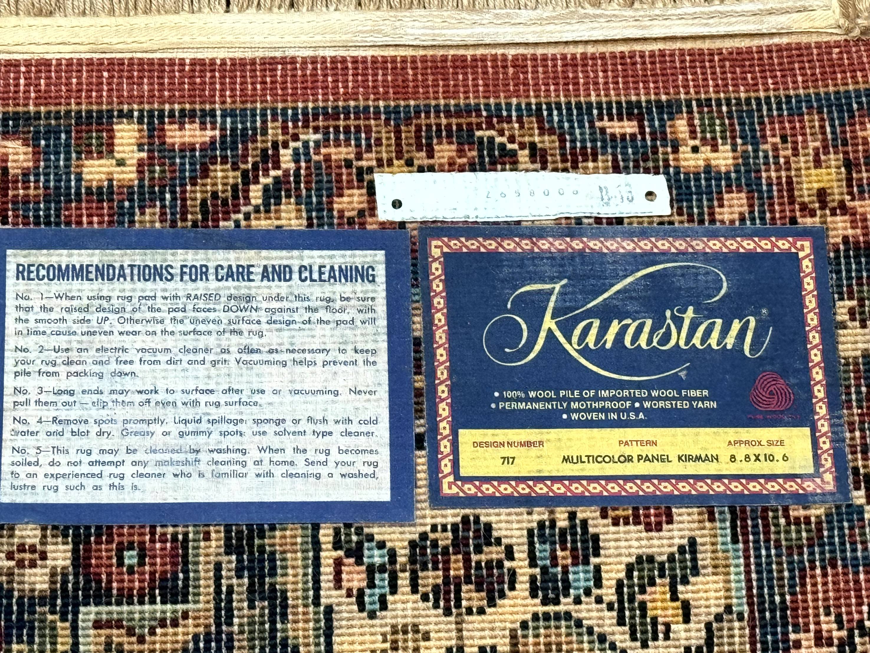 Karastan Rug 8.8 x 10.6, Multicolor Panel Kirman Rug #717, Original 700 Series, Vintage, 100% Wool Pile - Jewel Rugs