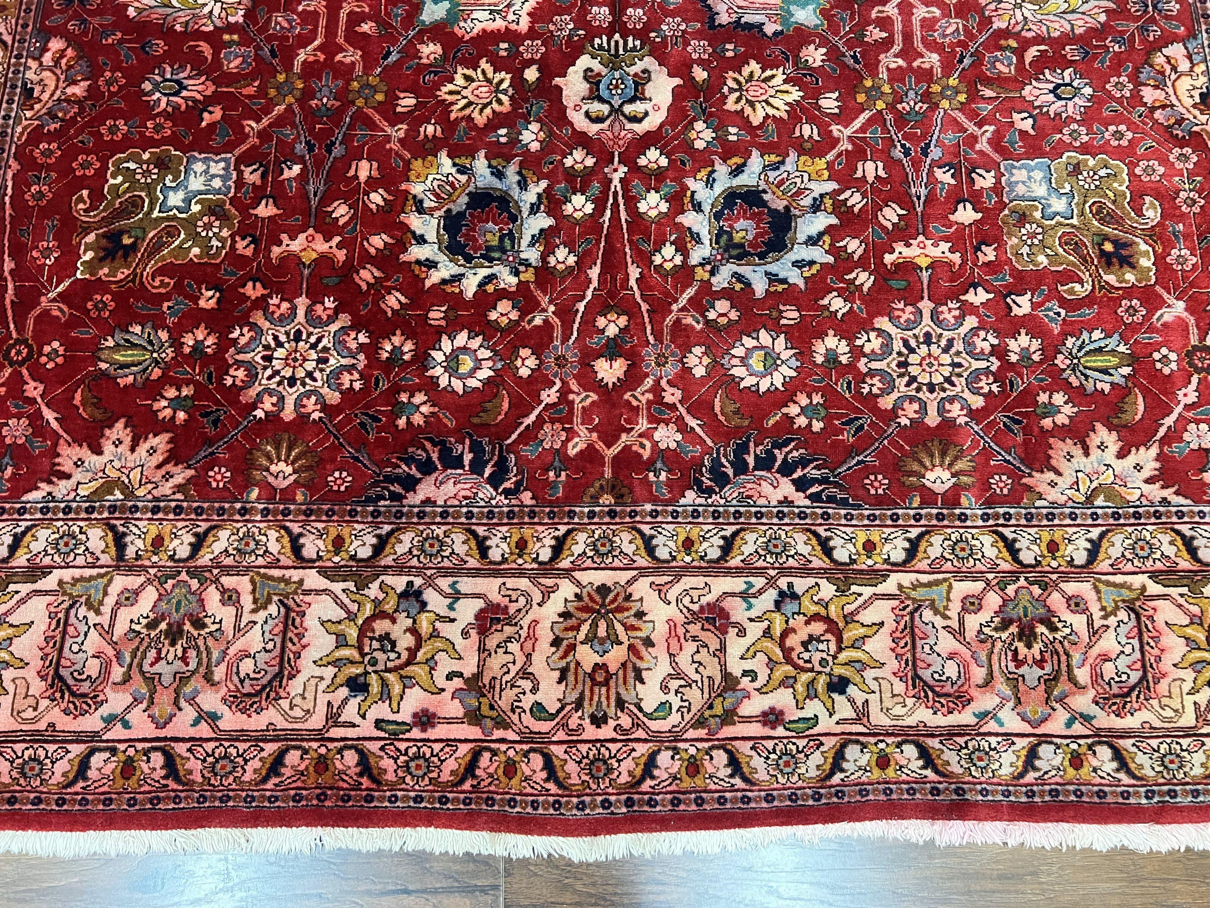 Persian Tabriz Rug 10x12, Floral Allover, Handmade Vintage Wool Carpet, Red and Cream - Jewel Rugs
