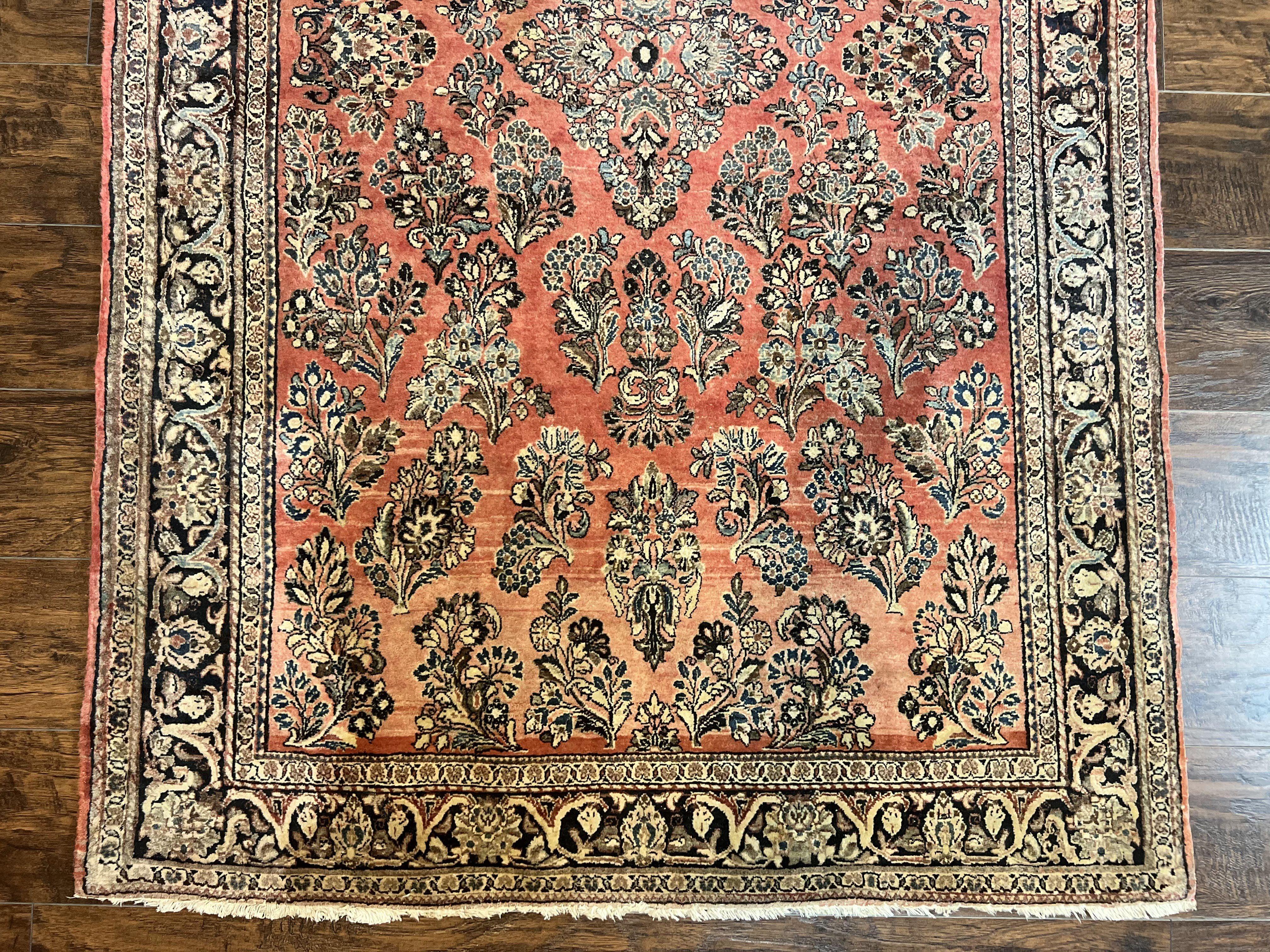 Antique Persian Sarouk Rug 4x7, Hand Knotted Wool Red Persian Carpet, Floral, Fine 300 KPSI - Jewel Rugs