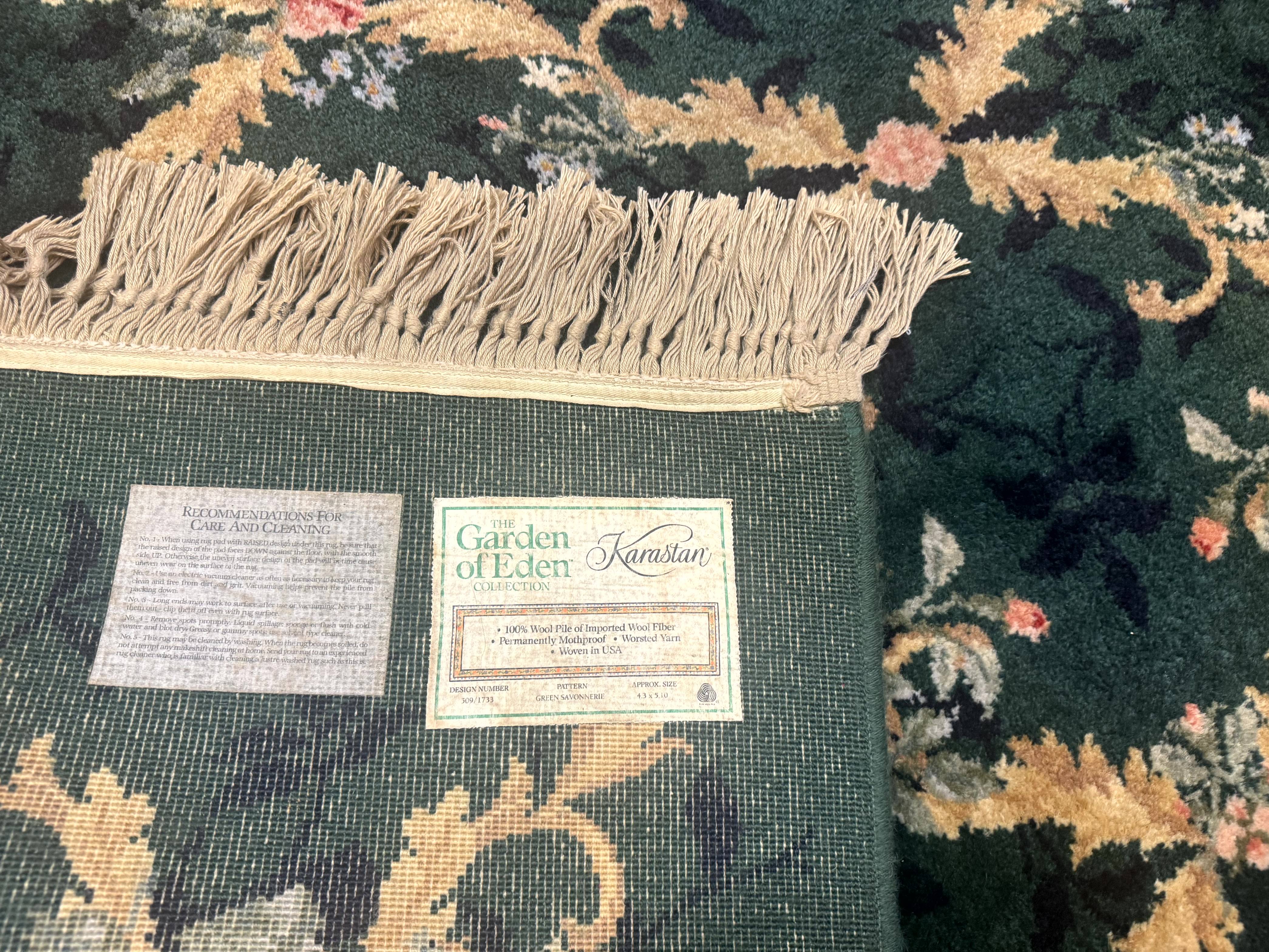 Karastan Garden of Eden Rug 4x6, Green Savonnerie 509/1733, Original Discontinued Vintage Karastan Carpet - Jewel Rugs