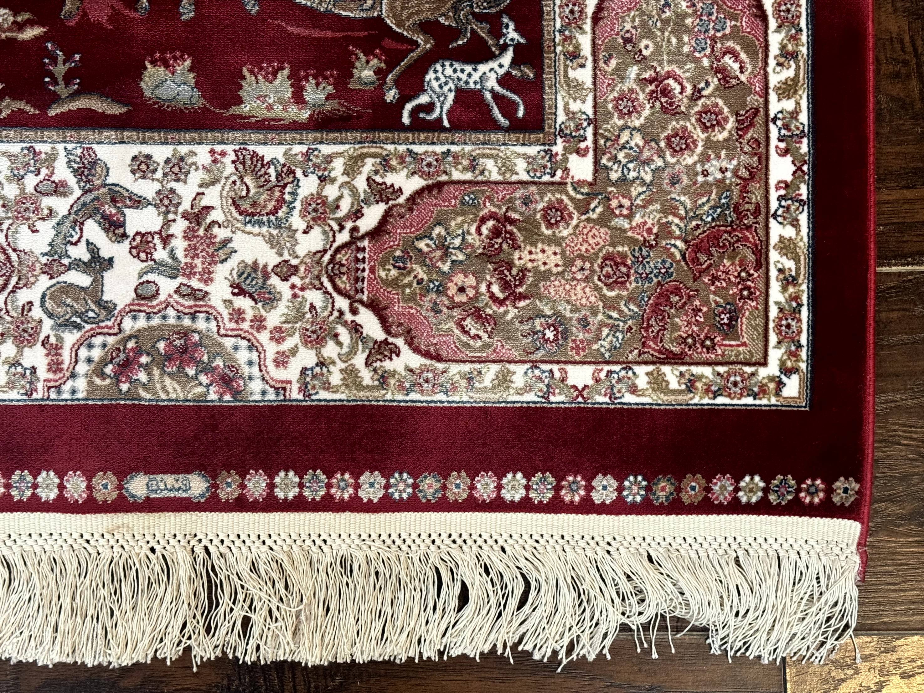 Dark Red Turkish Silk Rug 2.6 x 4, Hunting Design Scene, Bamboo Silk - Jewel Rugs
