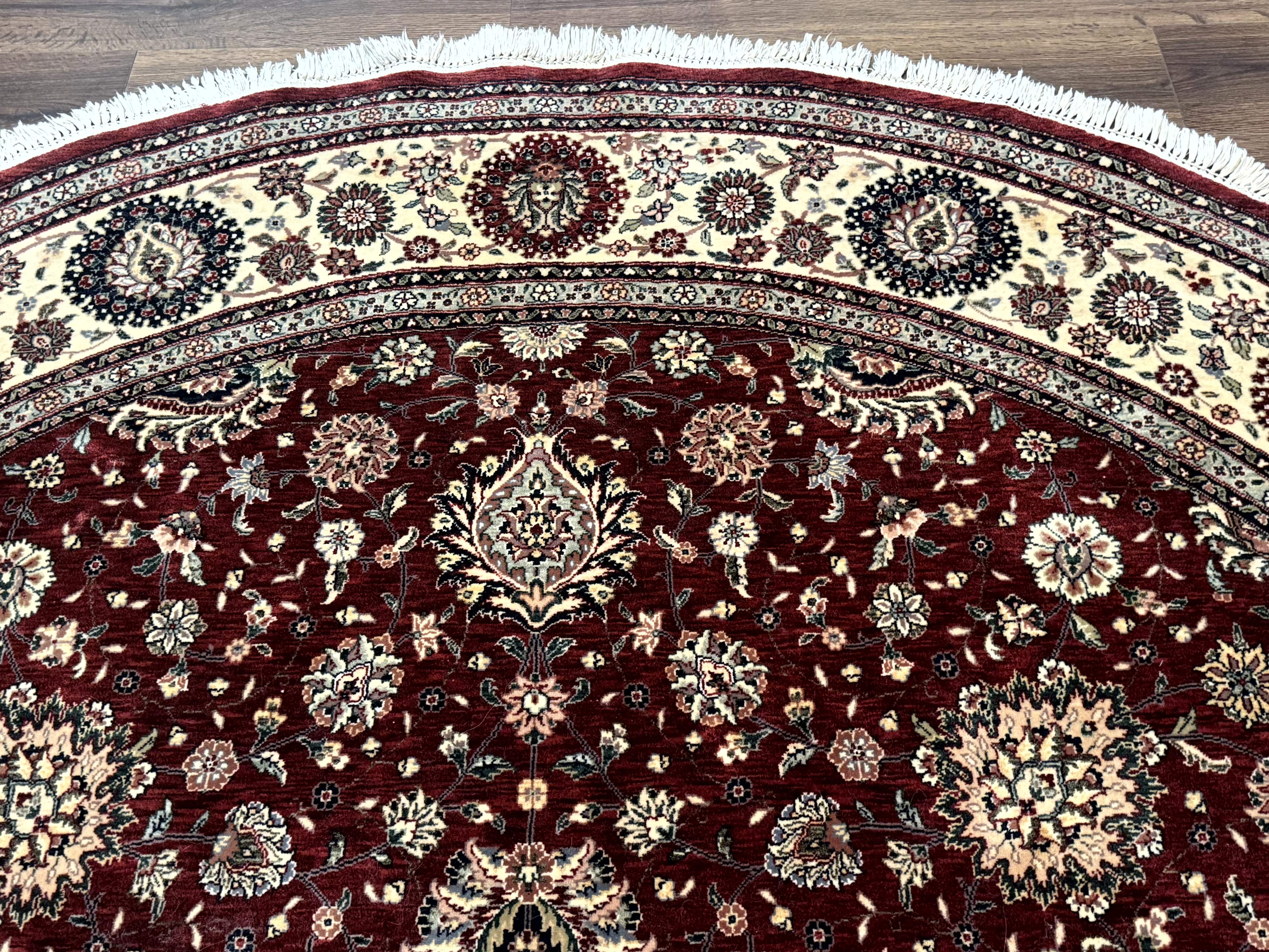 Round Sino Persian Rug 9x9, Burgundy and Cream, Floral, Wool and Silk, 9ft Round Carpet - Jewel Rugs