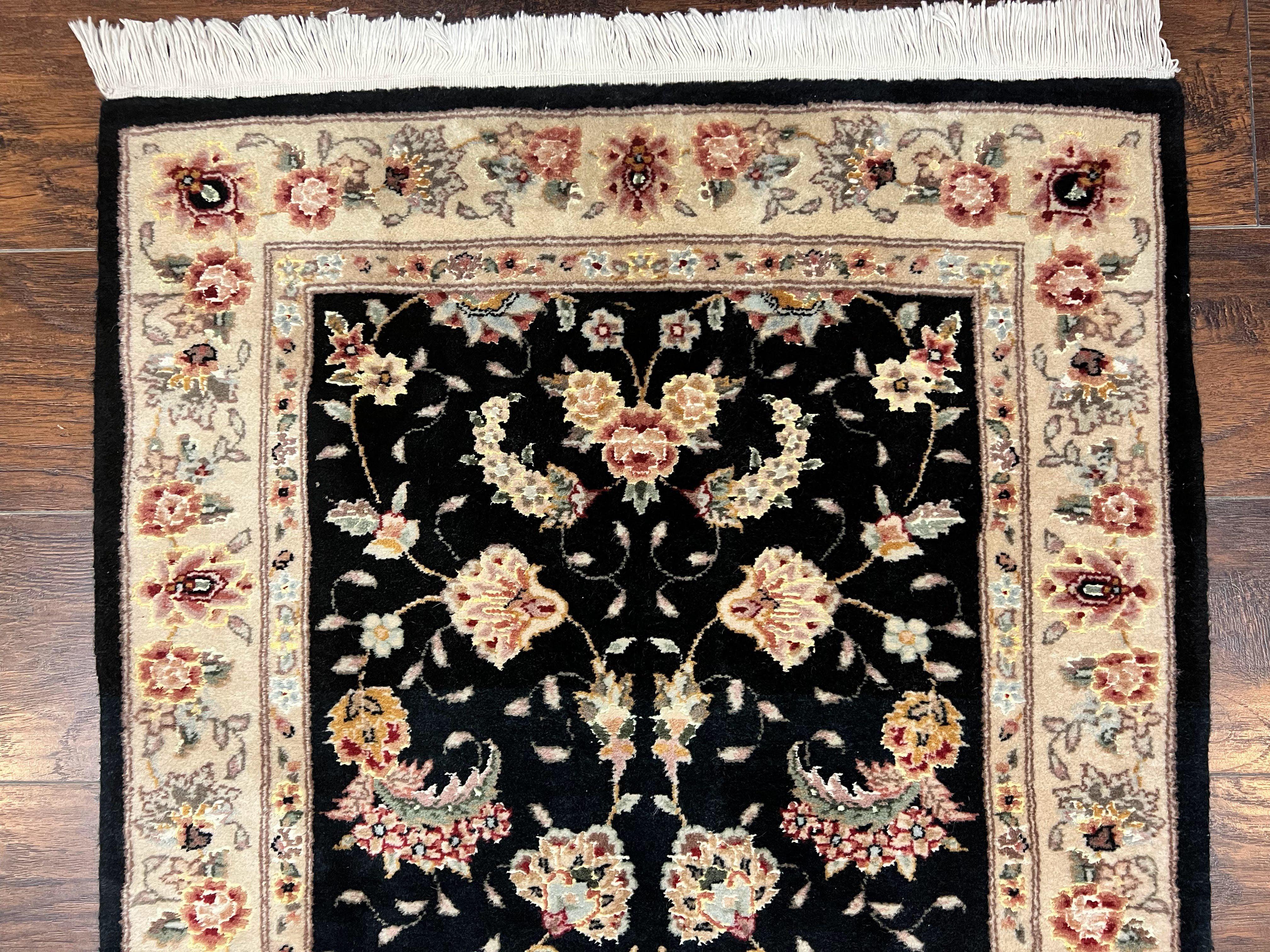 Sino Persian Short Runner Rug 2.7 x 6, Wool and Silk Highlights Black and Beige Handmade Vintage Floral Allover Oriental Carpet, Hallway Rug - Jewel Rugs