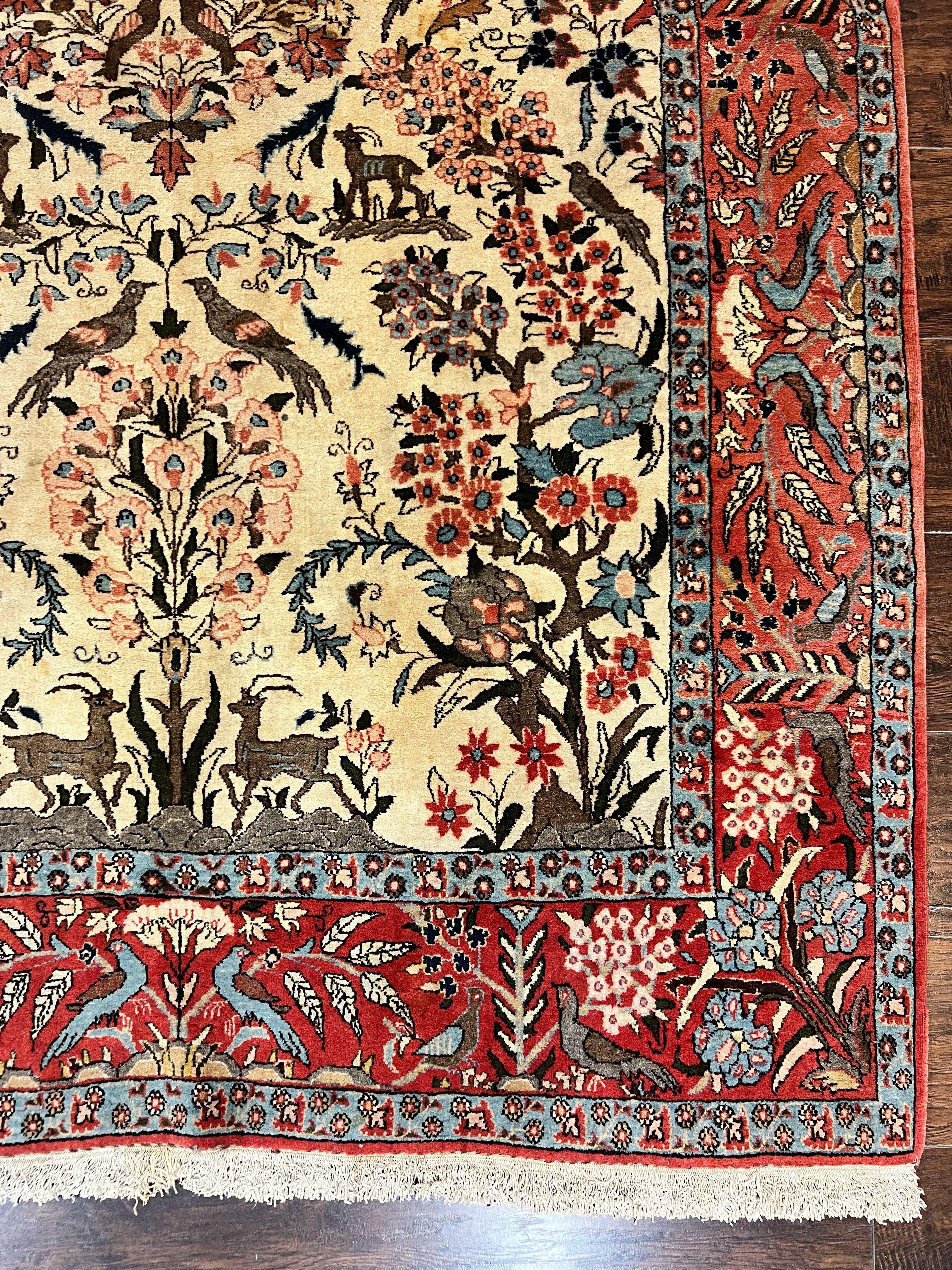 Persian Tree of Life 5x7, Qum Rug, Animal Motifs, Deer Birds, Fine 225 KPSI, Semi Antique Vintage Handmade Wool Rug, Cream Red - Jewel Rugs