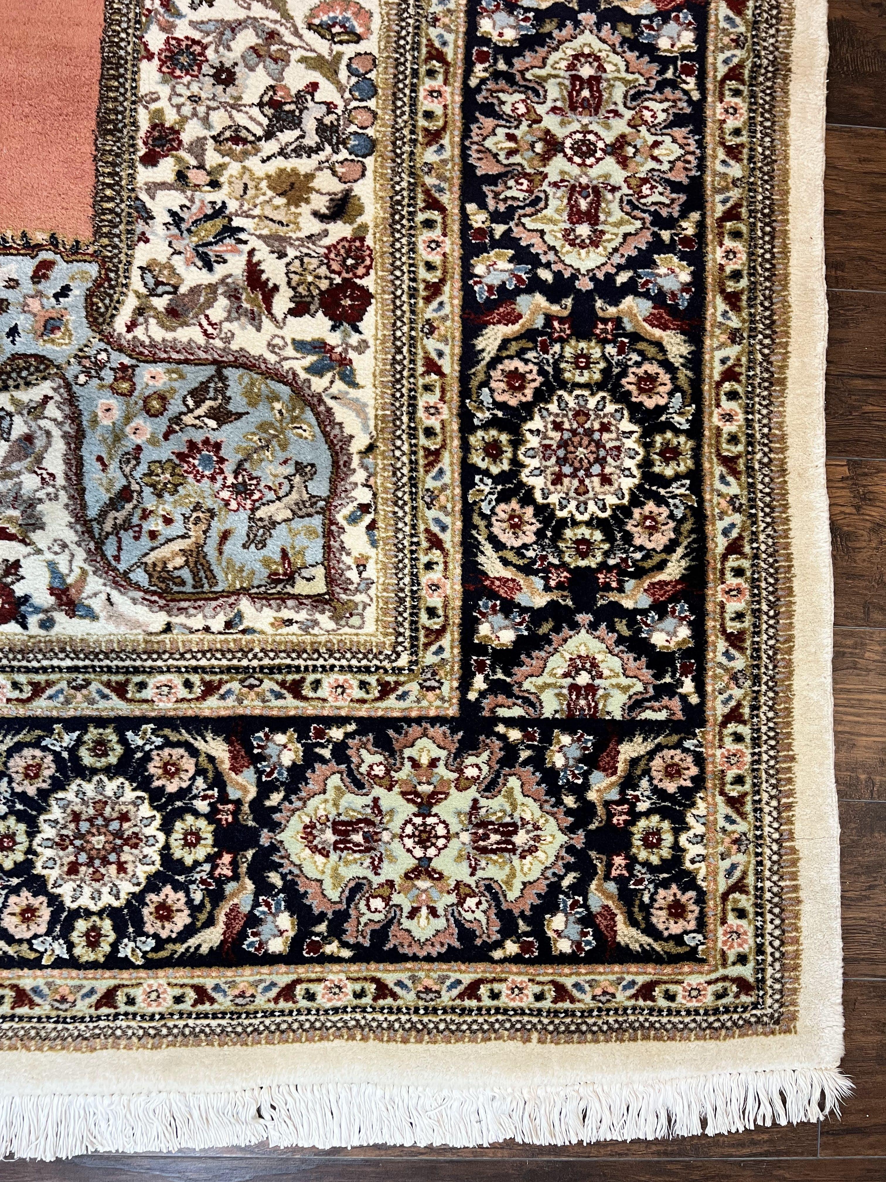 Persian Tabriz Rug 10x13, Wool Hand Knotted Vintage Carpet, Salmon Red & Ivory, Semi Open Field, Birds & Animal Motifs, Large Rug - Jewel Rugs